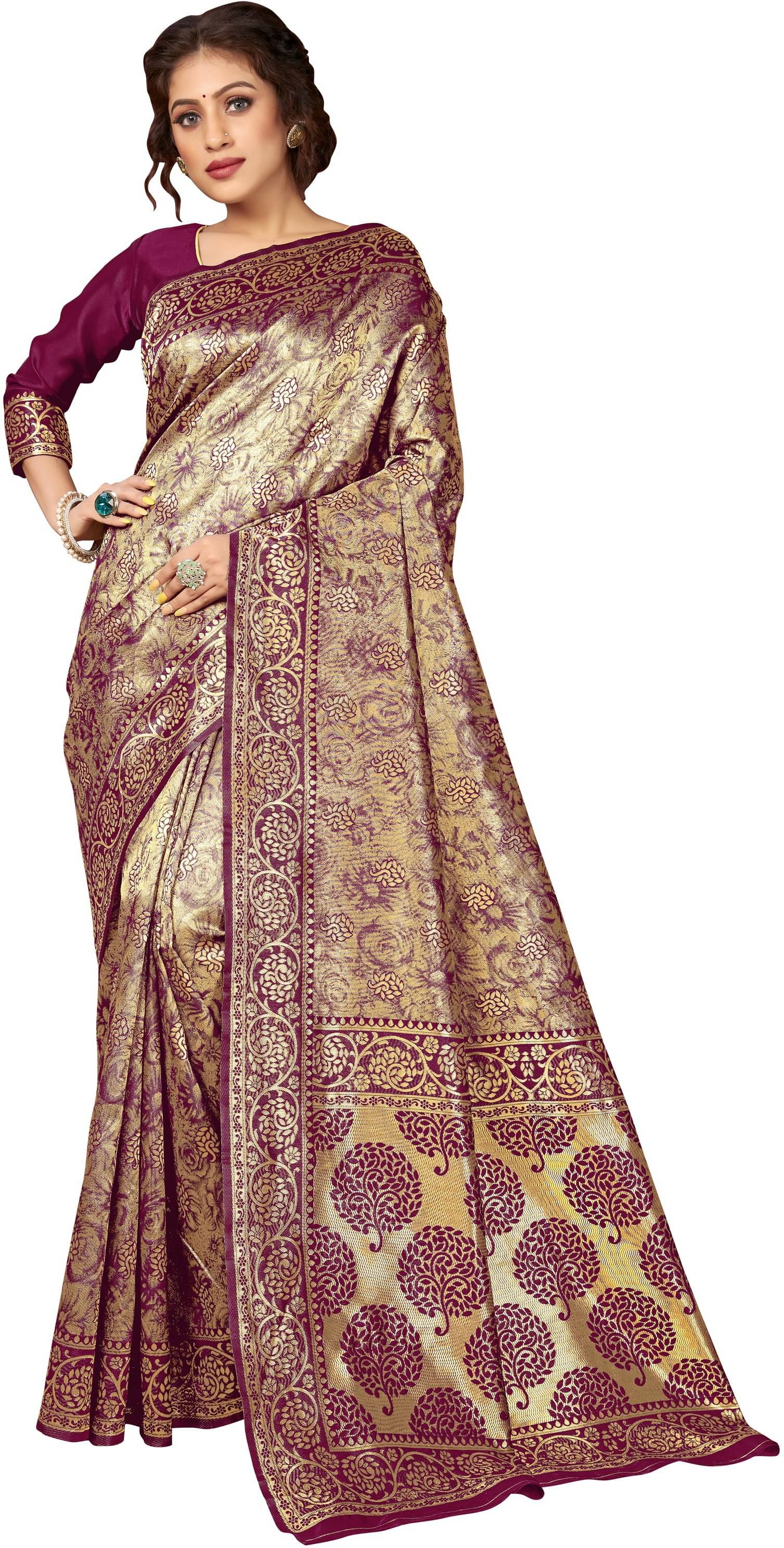 Sariya Jacquard Woven Saree With Unstitched Blouse Piece ( Wine ) Sariya Jacquard Woven Saree With Unstitched Blouse Piece ( Wine )