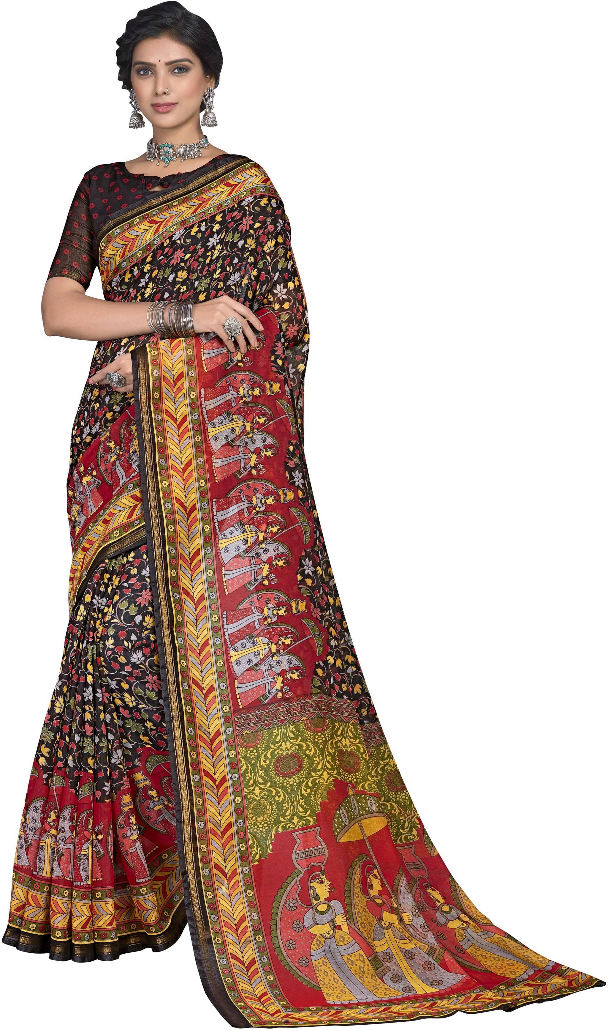     			Sariya Silk Blend Printed Saree With Unstitched Blouse Piece ( Black )