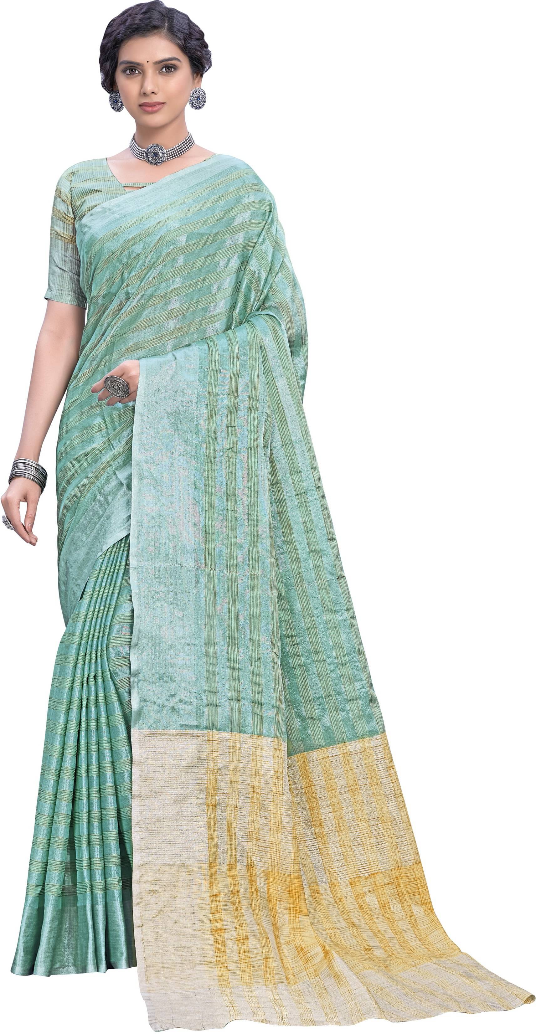 Sariya Silk Blend Striped Saree With Unstitched Blouse Piece ( Blue ) Sariya Silk Blend Striped Saree With Unstitched Blouse Piece ( Blue )