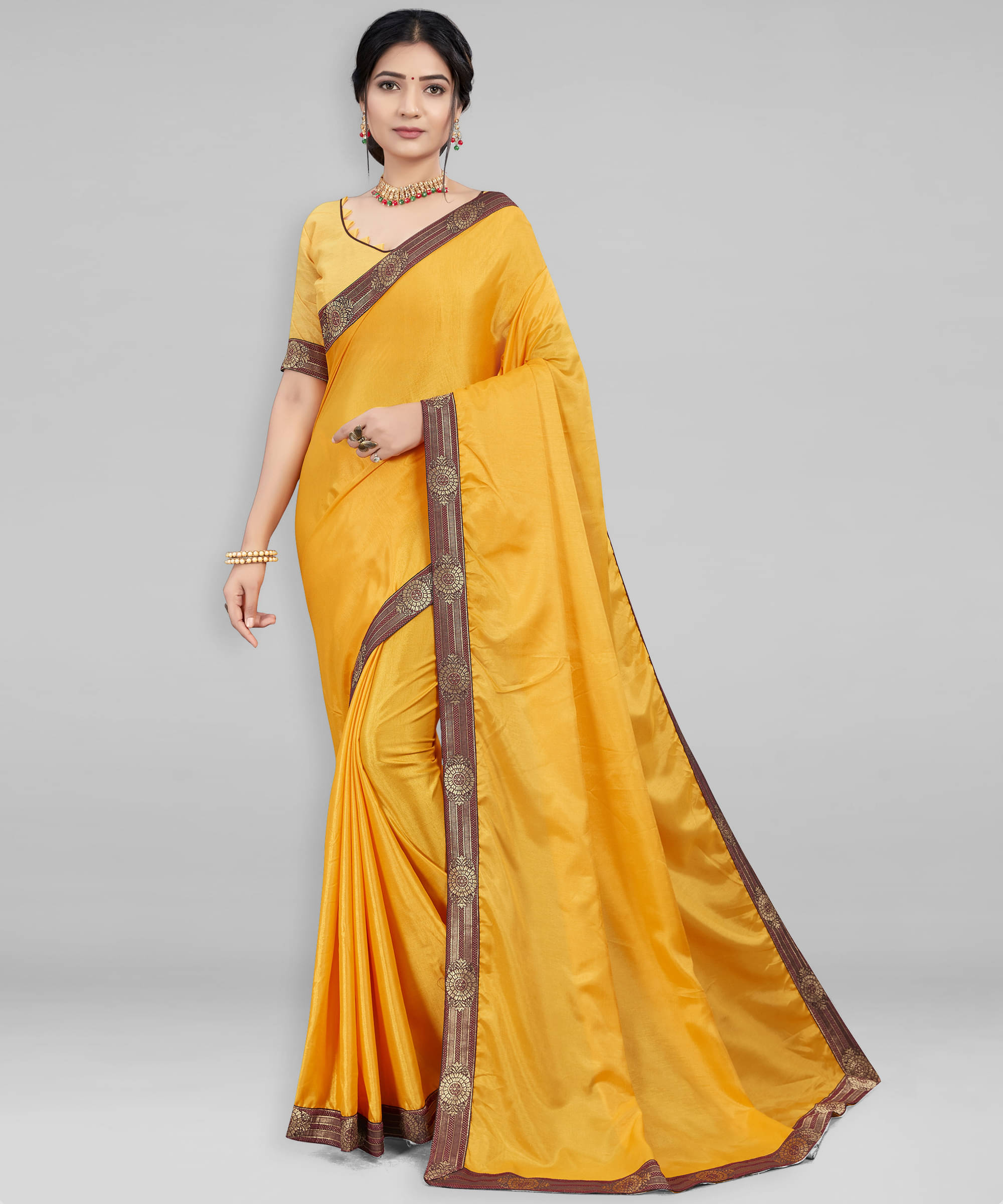     			Sariya Silk Blend Solid Saree With Unstitched Blouse Piece ( Yellow )