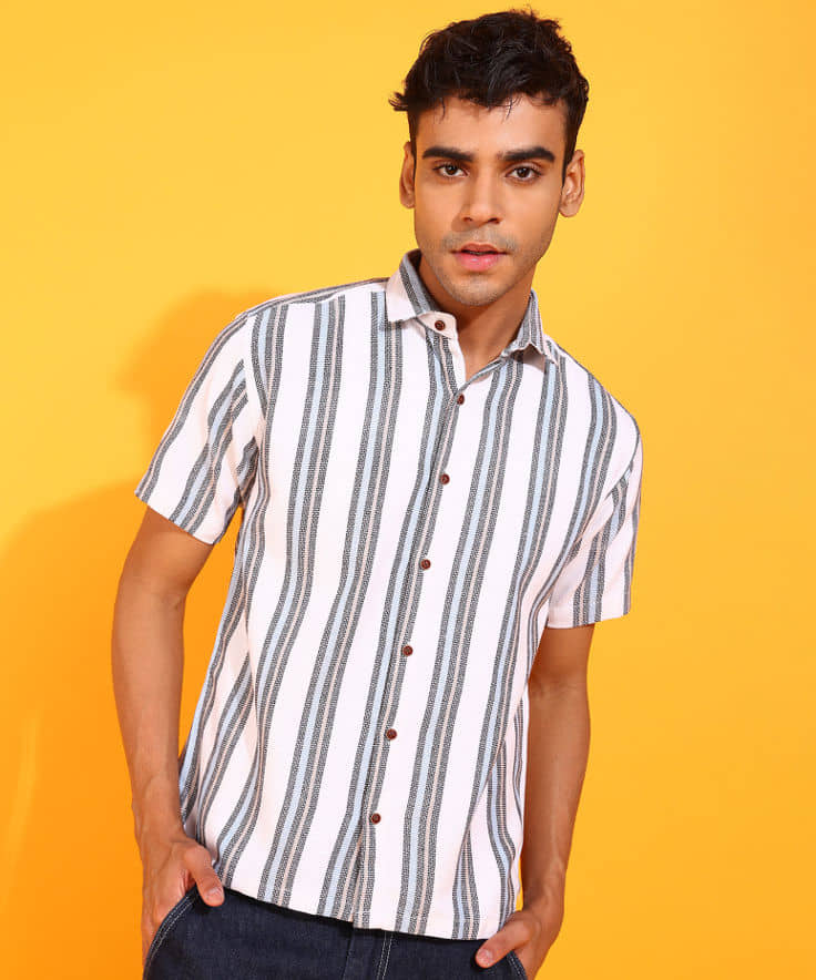 VTEXX Cotton Blend Regular Fit Striped Half Sleeves Men's Casual Shirt - White ( Pack of 1 )