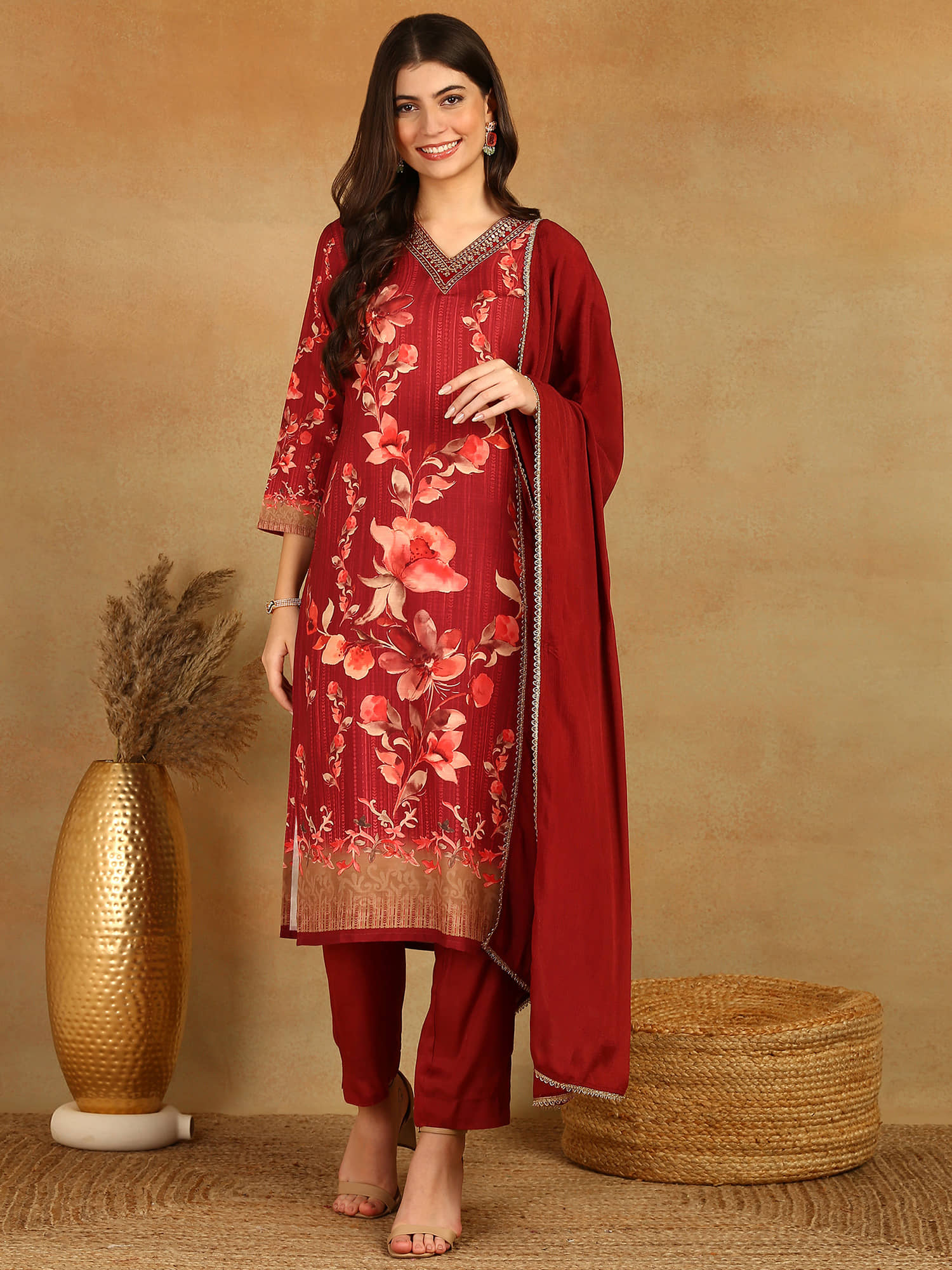 Vaamsi Rayon Printed Kurti With Pants Women's Stitched Salwar Suit - Maroon ( Pack of 1 )