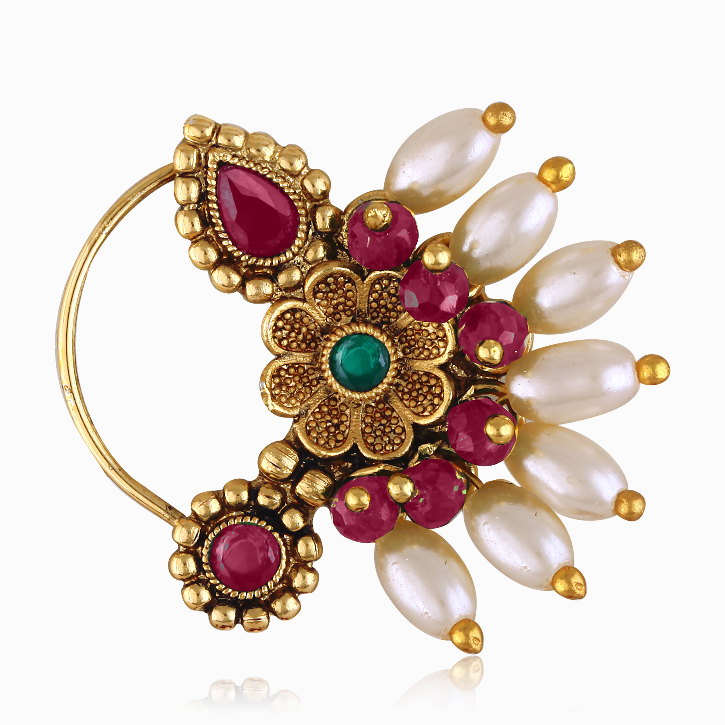 Vivastri's Premium Semicircle Shaped Gold Plated Alloy Made Multi Coloured With RICE Pearl Beaded Nath -VIVA1296NTH-PRESS-MULTI Vivastri's Premium Semicircle Shaped Gold Plated Alloy Made Multi Coloured With RICE Pearl Beaded Nath -VIVA1296NTH-PRESS-MULTI