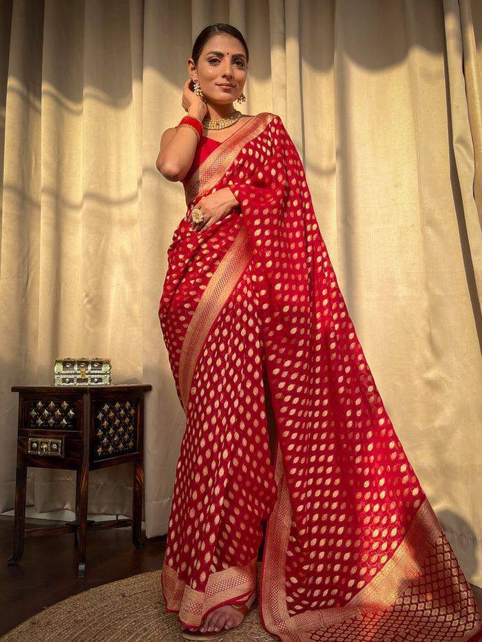 fab woven Banarasi Silk Self Design Saree With Unstitched Blouse Piece ( Red ) fab woven Banarasi Silk Self Design Saree With Unstitched Blouse Piece ( Red )