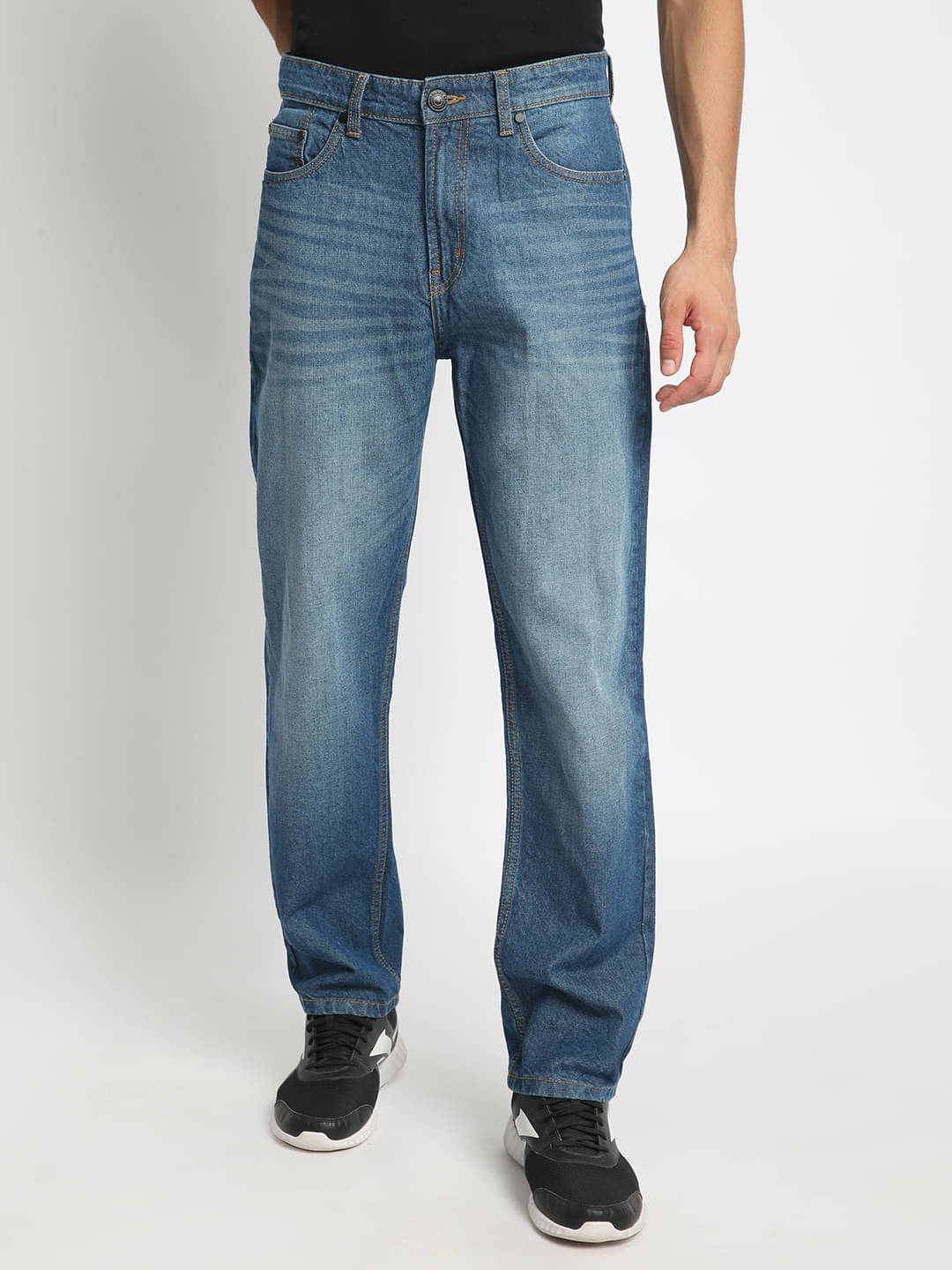 Men Mid Blue Straight Fit Solid Jeans Men Mid Blue Straight Fit Solid Jeans