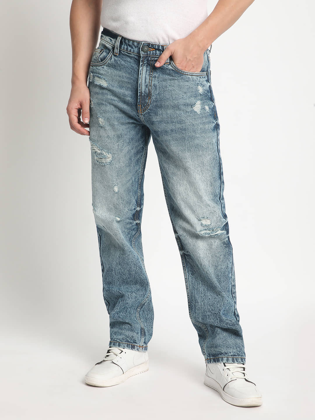 Bene Kleed Straight Distressed Men's Jeans - Blue ( Pack of 1 ) - Jeans | Buy online on ZillyBuy