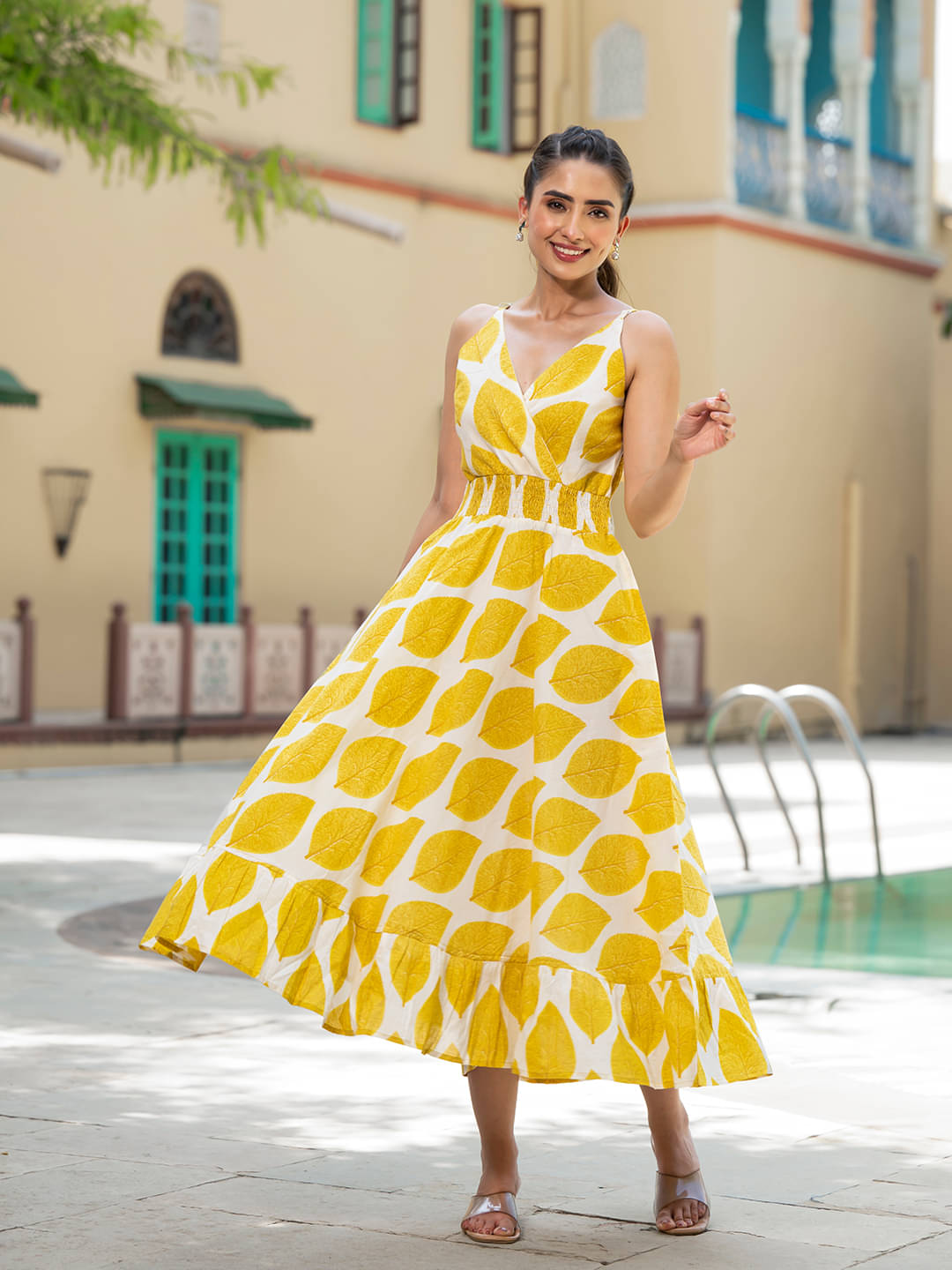 Divena Women Cotton Printed Fit & Flare Dress ( Yellow ) Divena Women Cotton Printed Fit & Flare Dress ( Yellow )