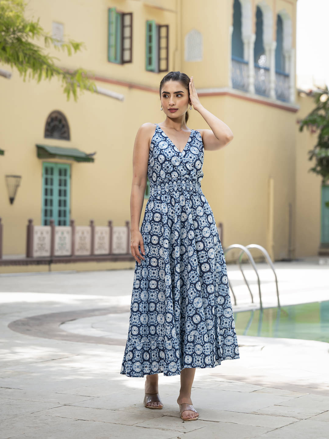 Divena Women Cotton Printed Fit & Flare Dress ( Blue ) Divena Women Cotton Printed Fit & Flare Dress ( Blue )