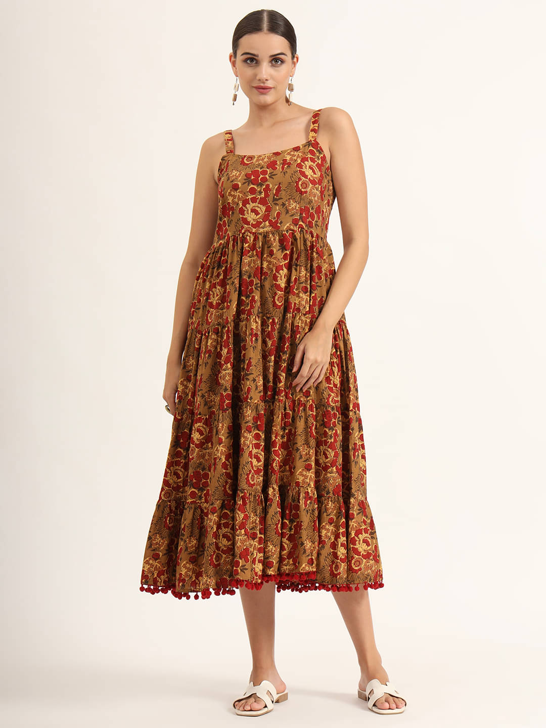 Divena Women Cotton Printed Fit & Flare Dress ( Brown ) Divena Women Cotton Printed Fit & Flare Dress ( Brown )