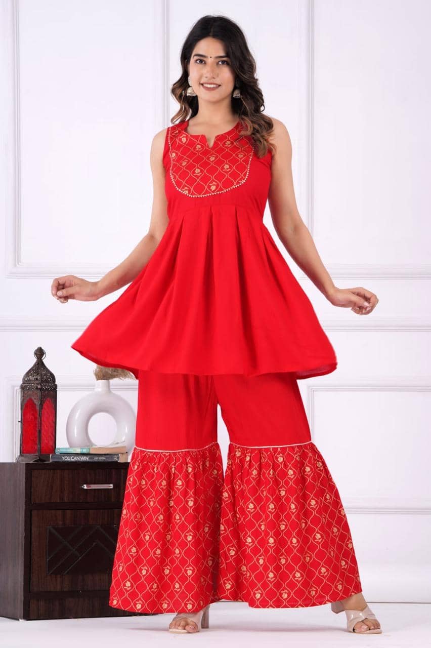 Faiseanta Rayon Printed Kurti With Sharara And Gharara Women's Stitched Salwar Suit - Red ( Pack of 1 )