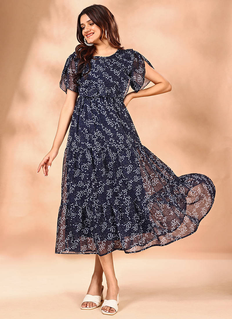 Femvy Women Georgette Printed Fit & Flare Dress ( Blue ) Femvy Women Georgette Printed Fit & Flare Dress ( Blue )