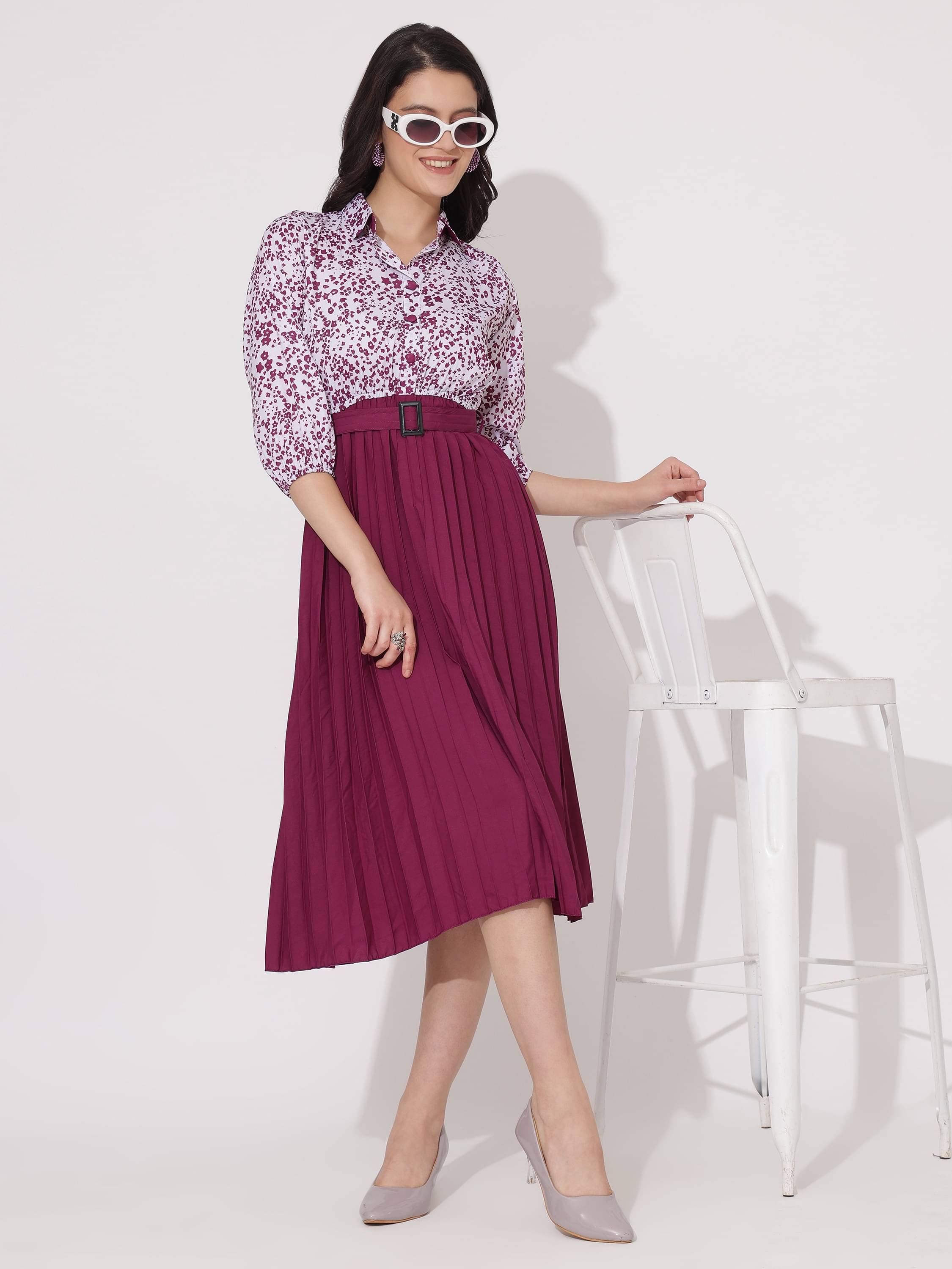 Femvy Polyester Printed Midi Women's Fit & Flare Dress - Magenta ( Pack of 1 ) Femvy Polyester Printed Midi Women's Fit & Flare Dress - Magenta ( Pack of 1 )