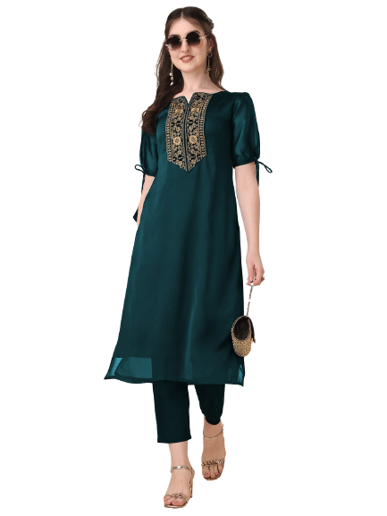     			GOROLY Pack of 1 Silk Blend Embroidered Flared Women's Kurti - ( Green )