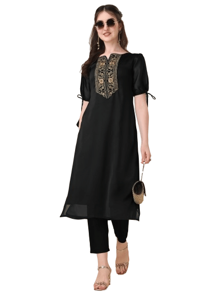 GOROLY Pack of 1 Silk Blend Embroidered Flared Women's Kurti - ( Black ) - Kurtis, Tunics | Buy online on ZillyBuy