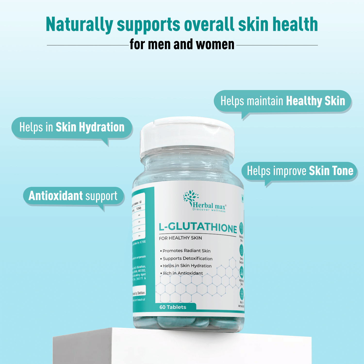 Herbal Max L-Glutathione Tablets for Glowing Skin and Reduced Pigmentation  - Skin Whitening and Care Kit with Vitamin C, Biotin, and Moisturizer -  Anti-Ageing, Dark Spot and Pimple Remover
