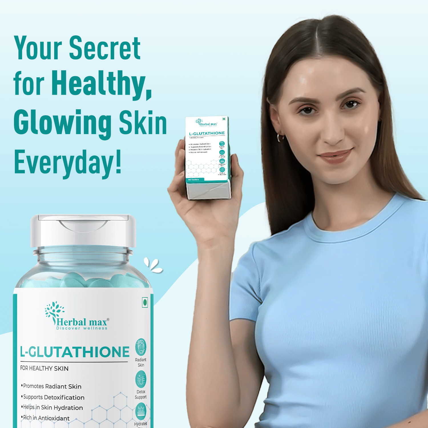 Herbal Max L-Glutathione Tablets for Glowing Skin and Reduced Pigmentation  - Skin Whitening and Care Kit with Vitamin C, Biotin, and Moisturizer -  Anti-Ageing, Dark Spot and Pimple Remover