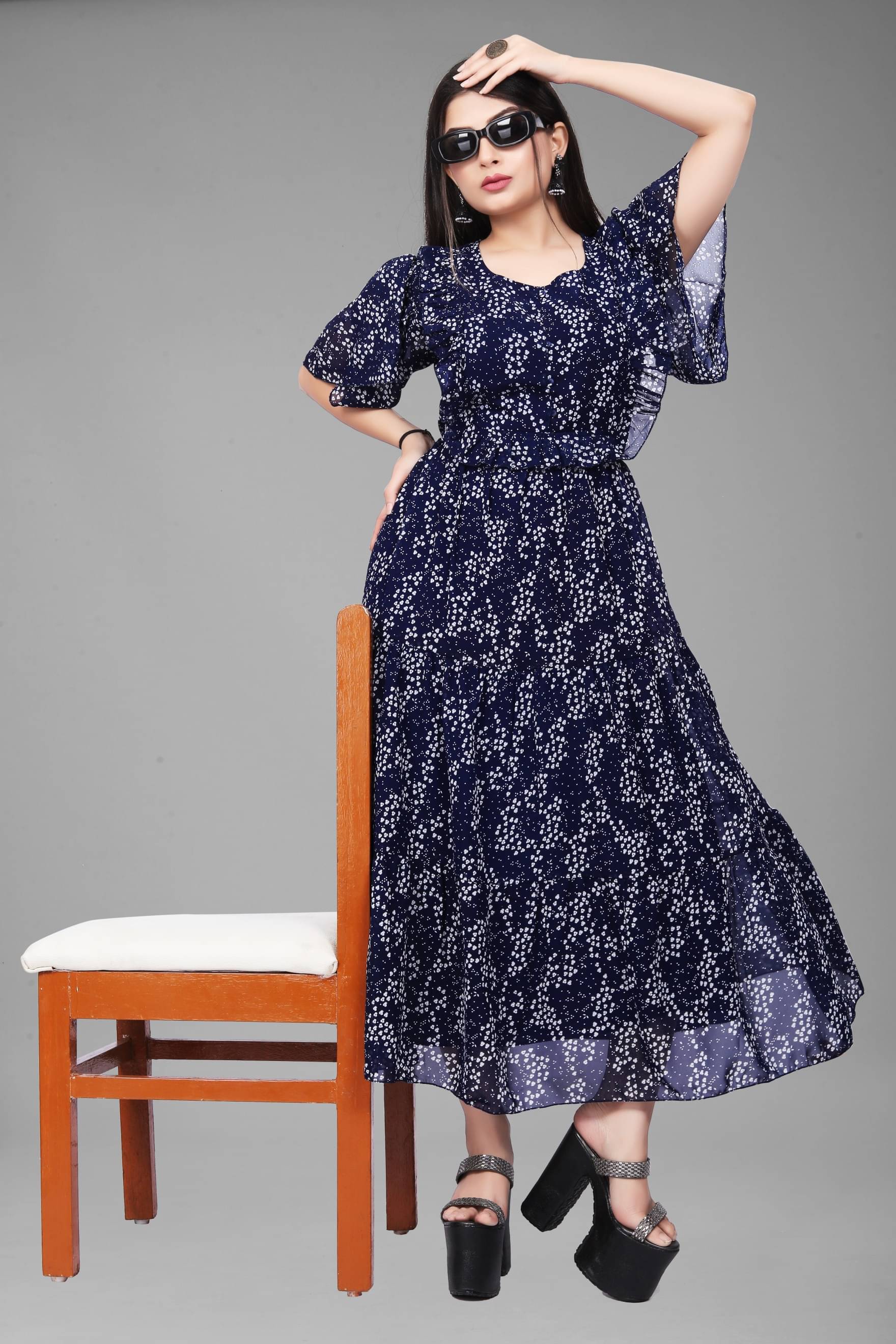     			JASH CREATION Women Polyester Printed Fit & Flare Dress ( Blue )