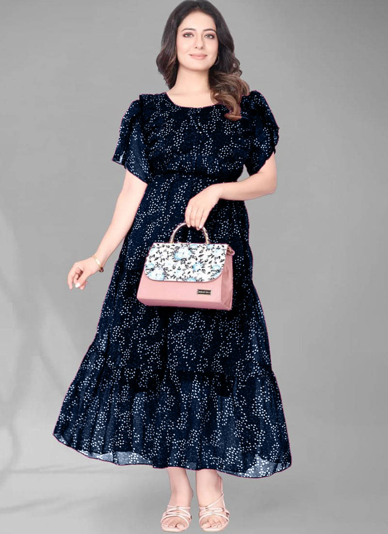 JASH CREATION Polyester Printed Ankle Length Women's Gown - Blue ( Pack of 1 ) JASH CREATION Polyester Printed Ankle Length Women's Gown - Blue ( Pack of 1 )
