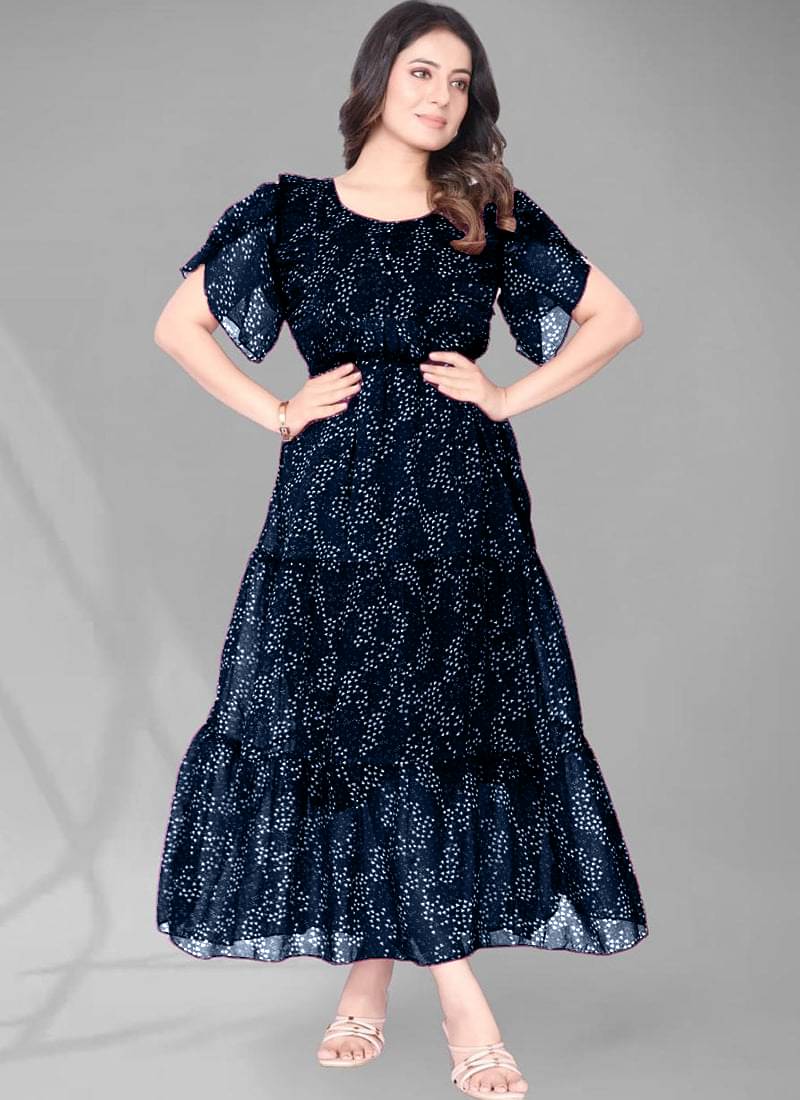 JASH CREATION Polyester Printed Ankle Length Women's Gown - Blue ( Pack of 1 ) JASH CREATION Polyester Printed Ankle Length Women's Gown - Blue ( Pack of 1 )