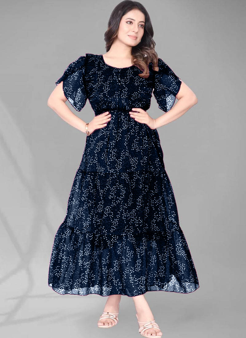 JASH CREATION Women Polyester Printed Gown ( Blue )     			JASH CREATION Women Polyester Printed Gown ( Blue )