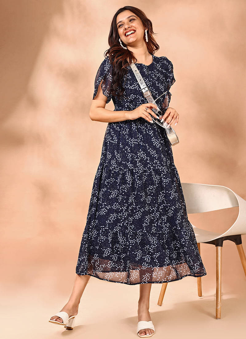 JASH CREATION Women Polyester Printed Gown ( Blue ) JASH CREATION Women Polyester Printed Gown ( Blue )
