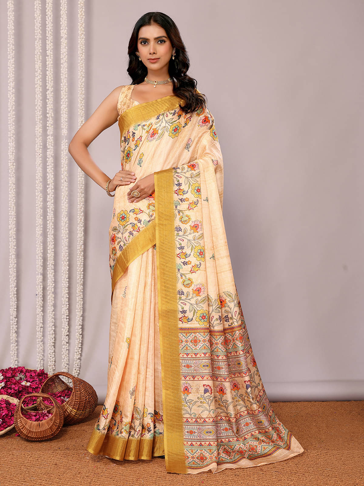 Janasya Chanderi Printed Saree With Unstitched Blouse Piece ( Beige1 ) Janasya Chanderi Printed Saree With Unstitched Blouse Piece ( Beige1 )
