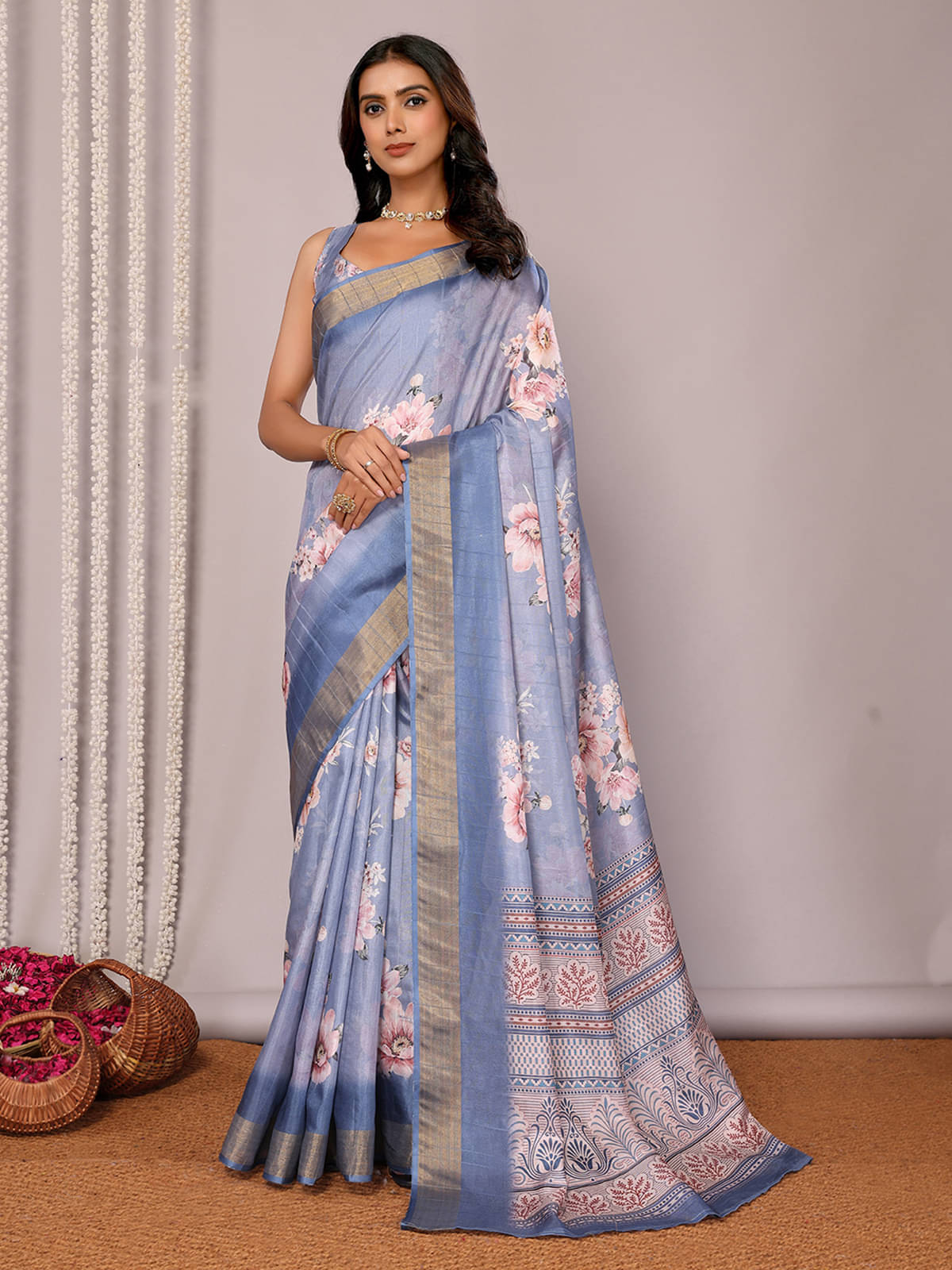     			Janasya Chanderi Printed Saree With Unstitched Blouse Piece ( Blue )