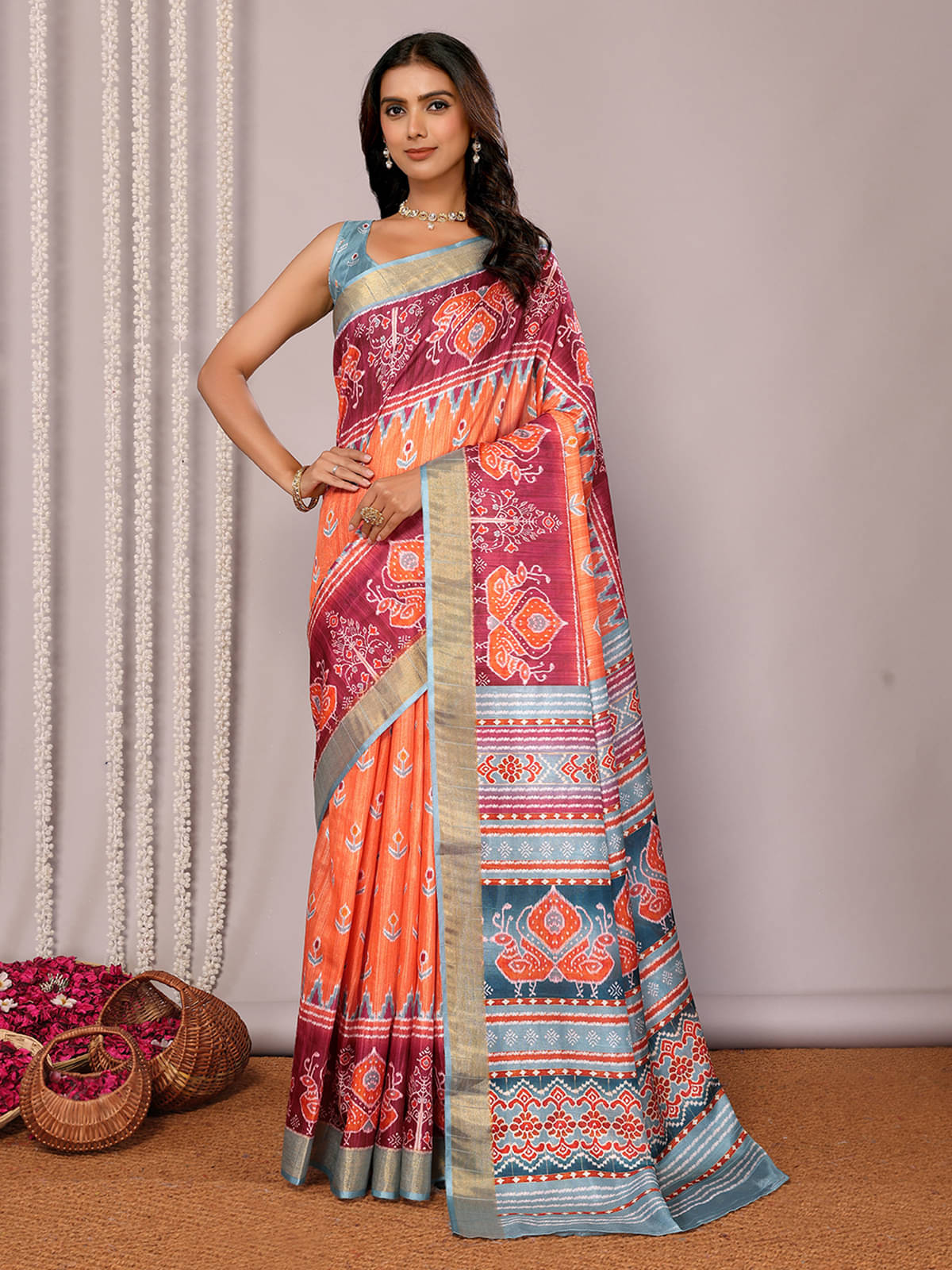     			Janasya Chanderi Printed Saree With Unstitched Blouse Piece ( Orange )