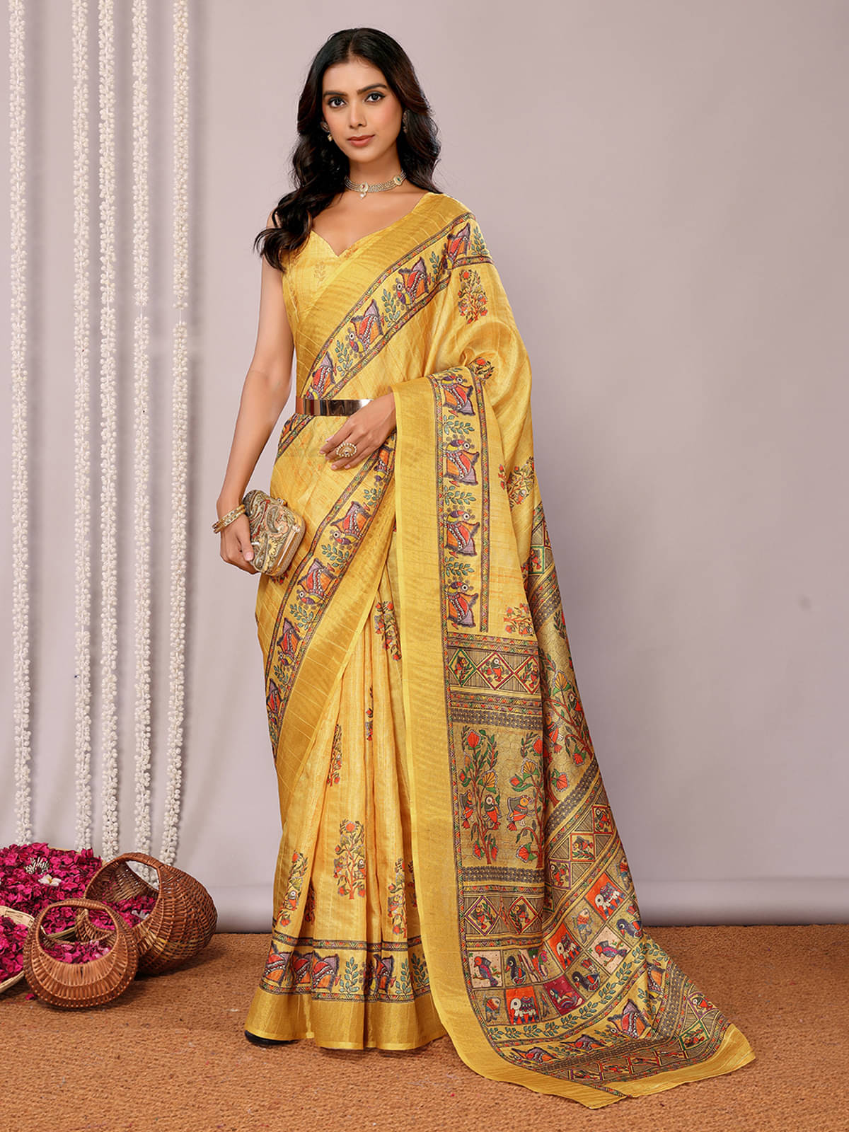     			Janasya Chanderi Printed Saree With Unstitched Blouse Piece ( Yellow )