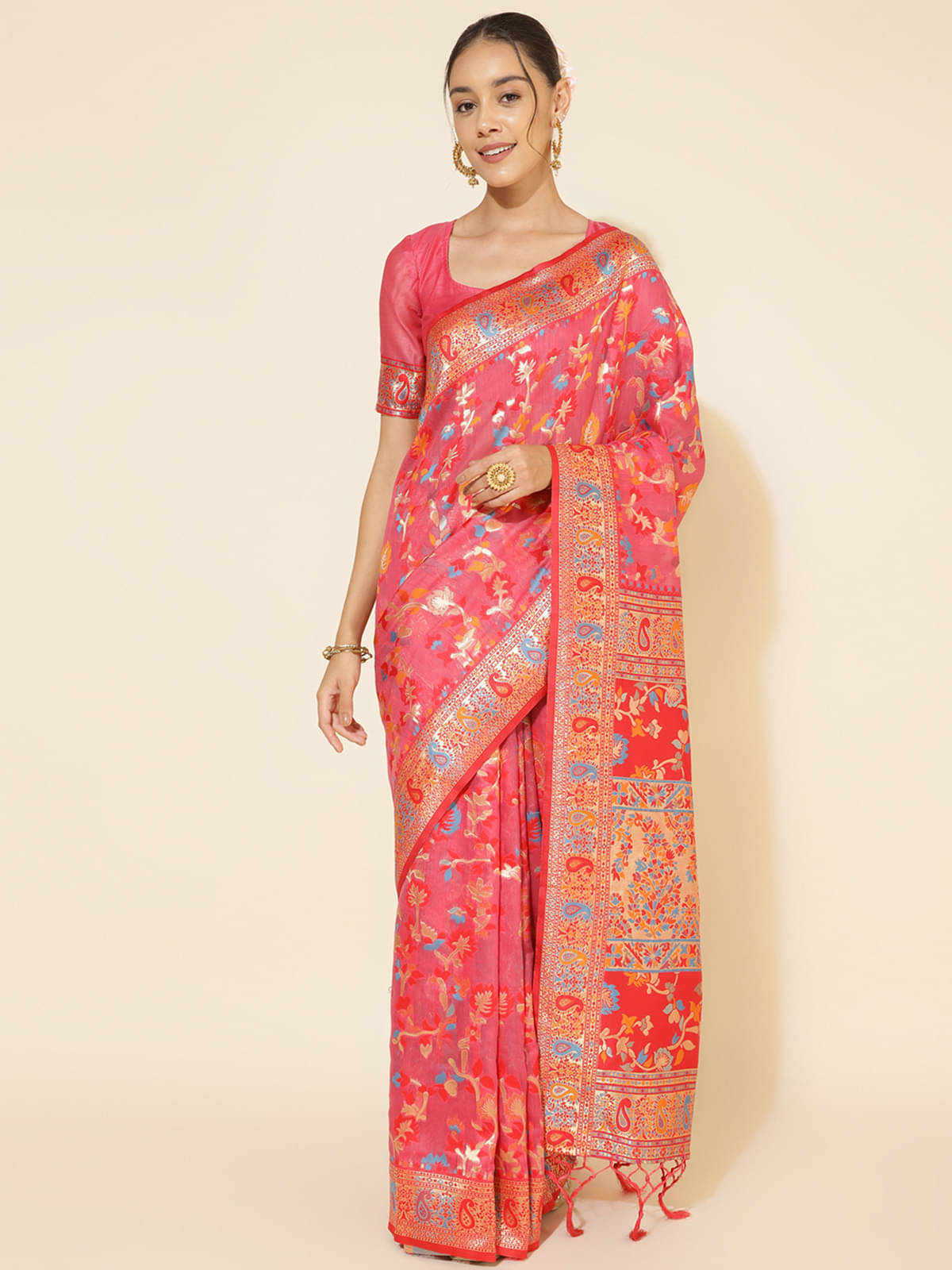Janasya Chanderi Woven Saree With Unstitched Blouse Piece ( Rani ) Janasya Chanderi Woven Saree With Unstitched Blouse Piece ( Rani )