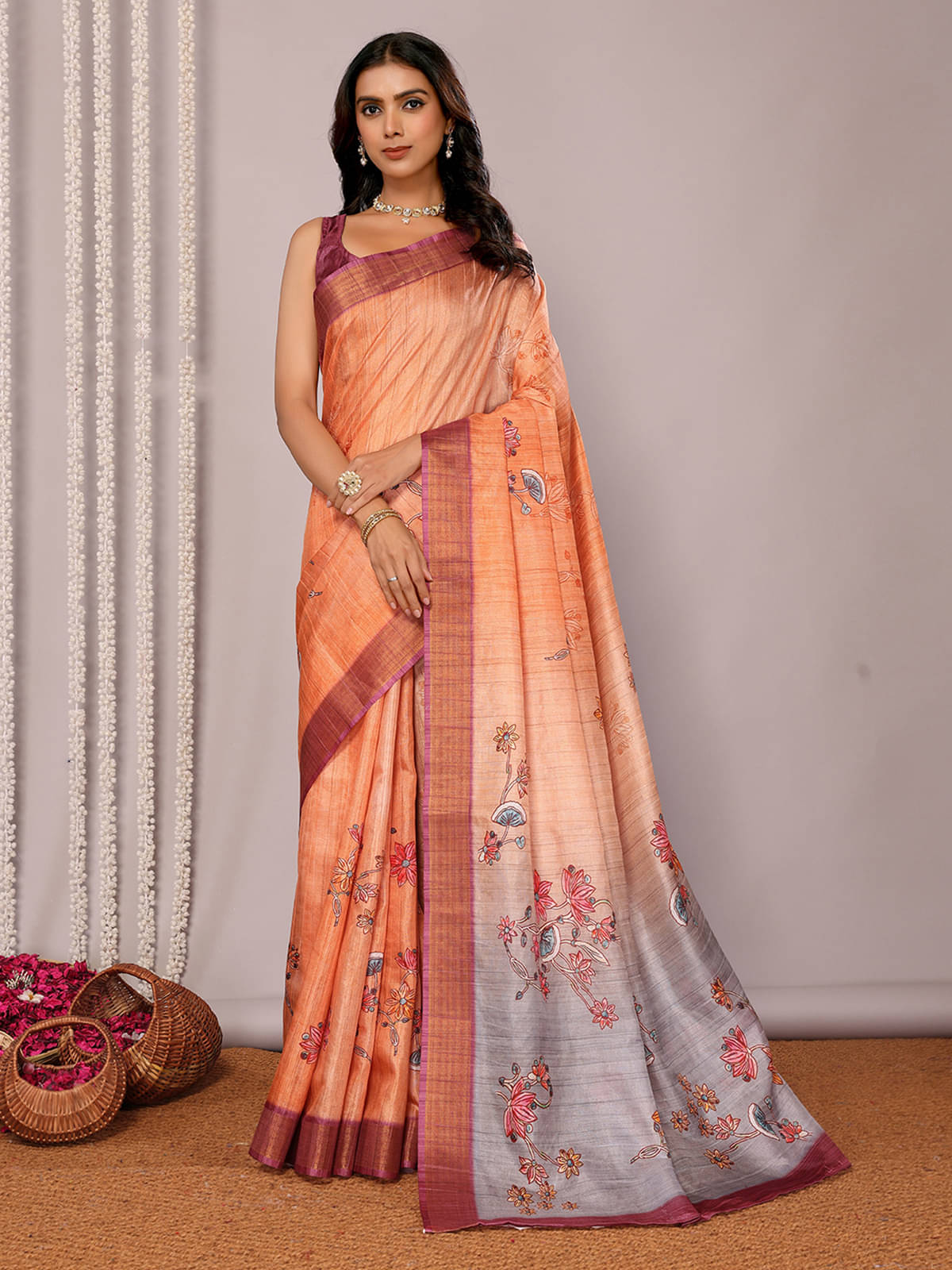     			Janasya Chanderi Printed Saree With Unstitched Blouse Piece ( Beige )