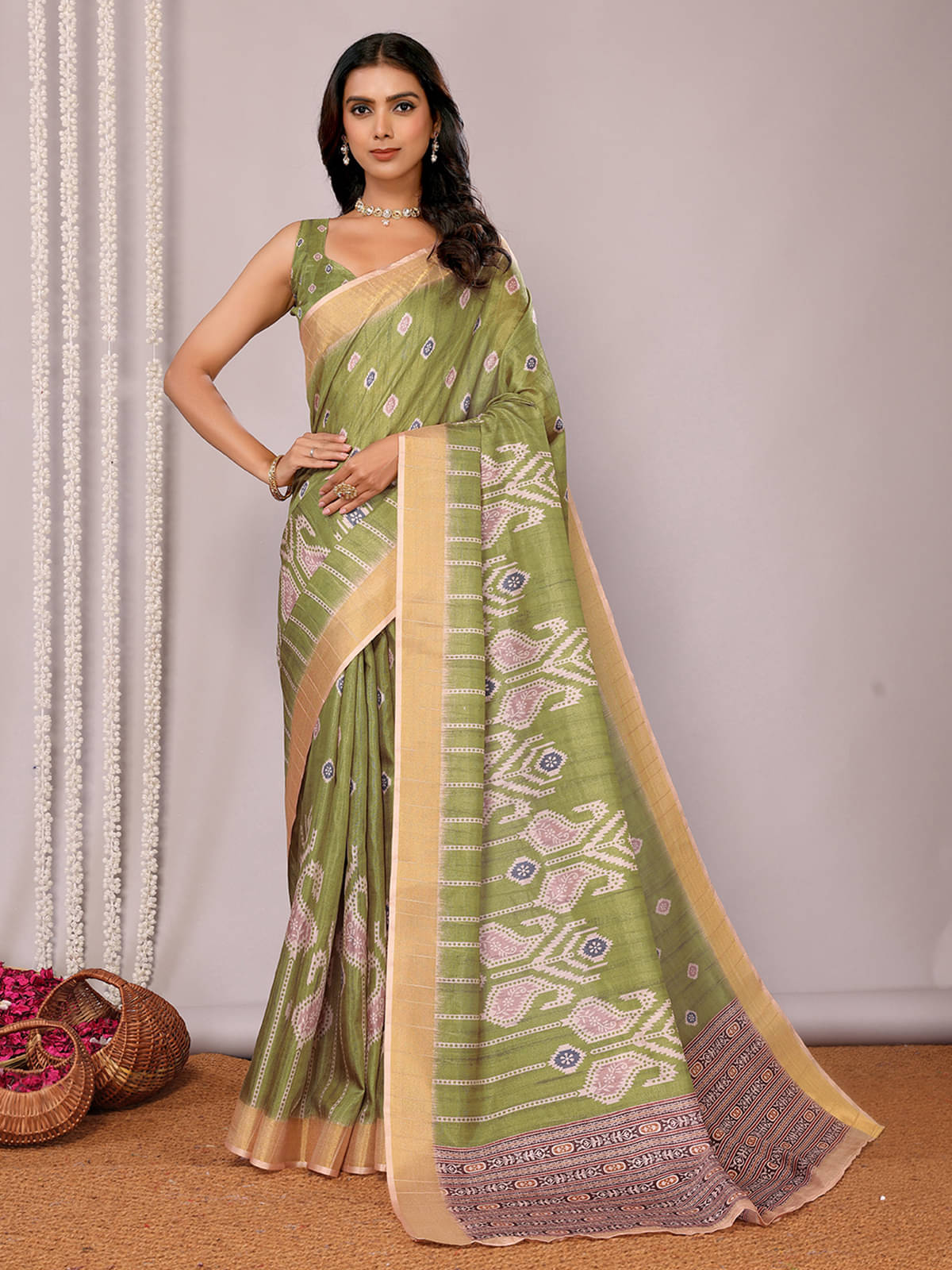     			Janasya Chanderi Printed Saree With Unstitched Blouse Piece ( Light Green )