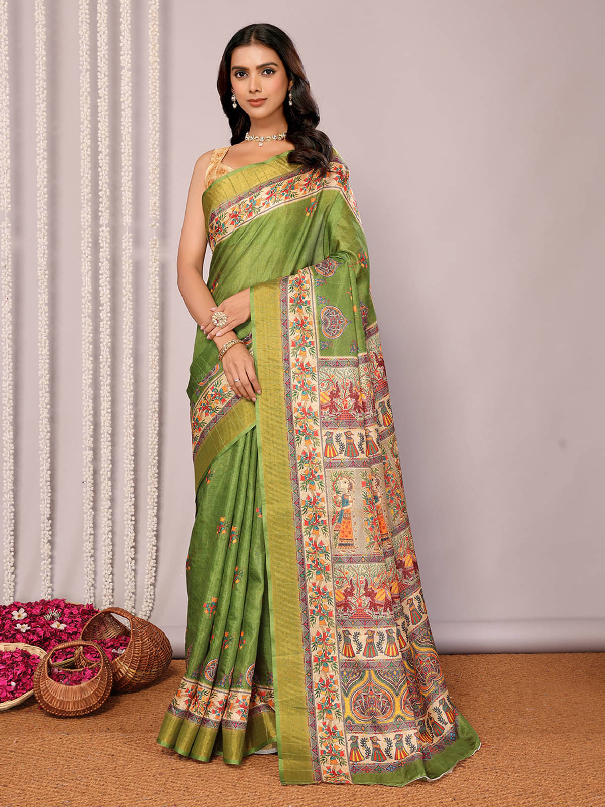     			Janasya Chanderi Printed Saree With Unstitched Blouse Piece ( Green )