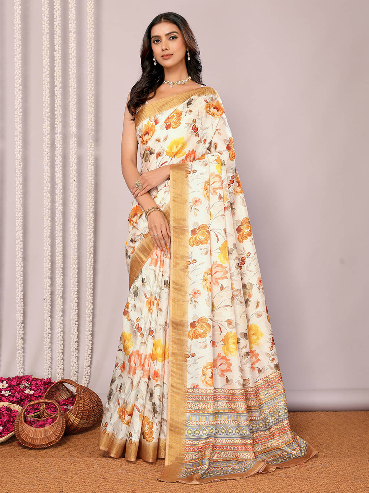     			Janasya Chanderi Printed Saree With Unstitched Blouse Piece ( Beige )