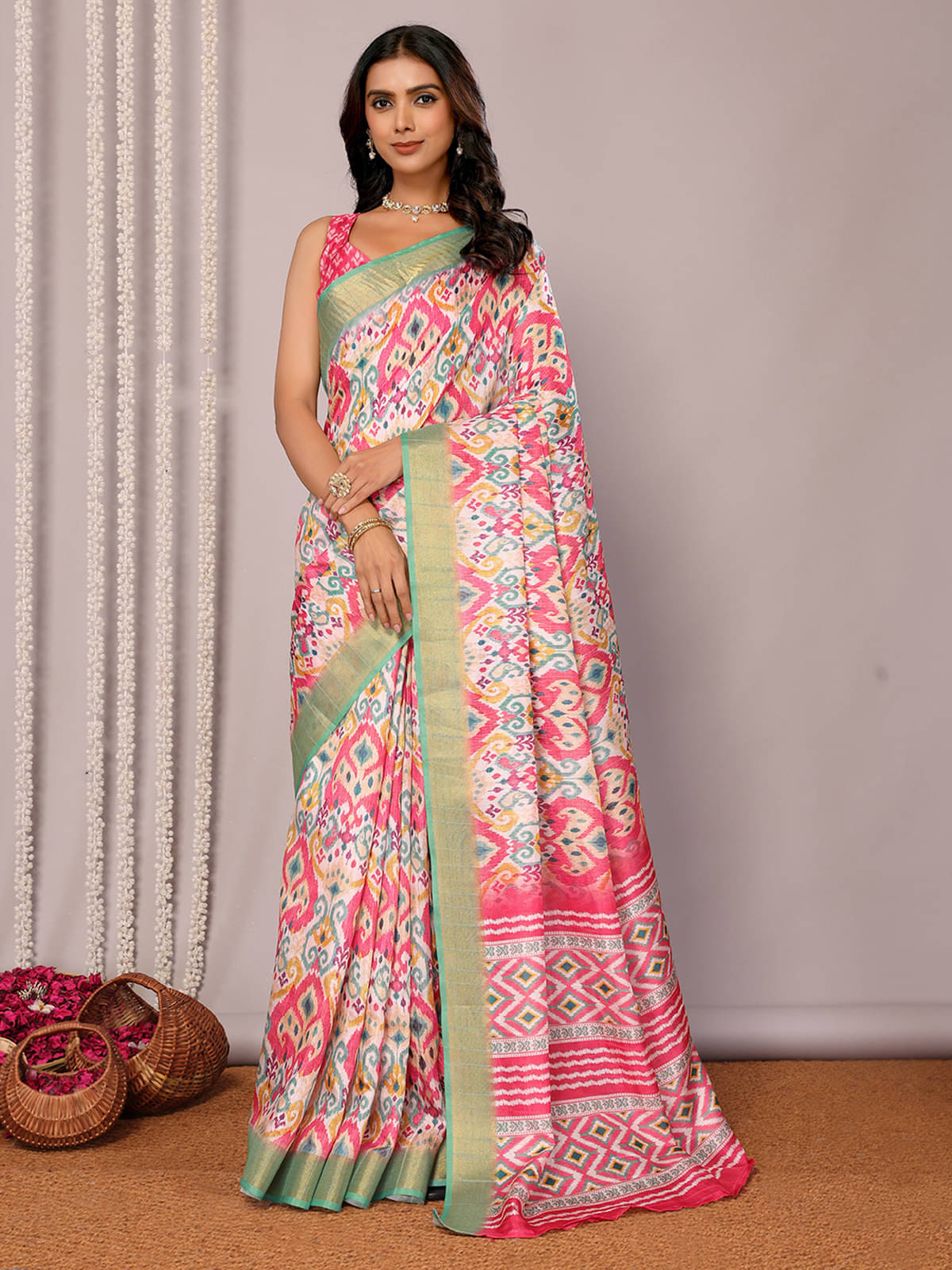 Janasya Chanderi Printed Saree With Unstitched Blouse Piece ( Pink ) Janasya Chanderi Printed Saree With Unstitched Blouse Piece ( Pink )