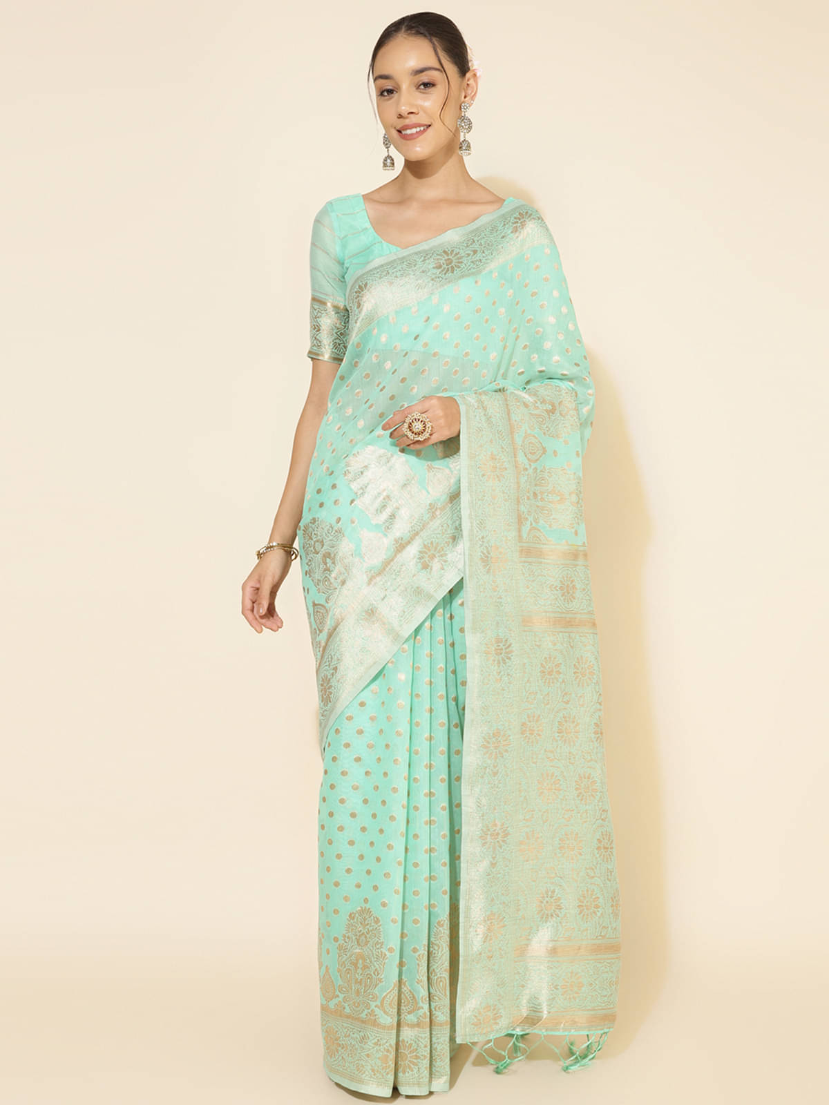     			Janasya Chanderi Printed Saree With Unstitched Blouse Piece ( Sea Green )