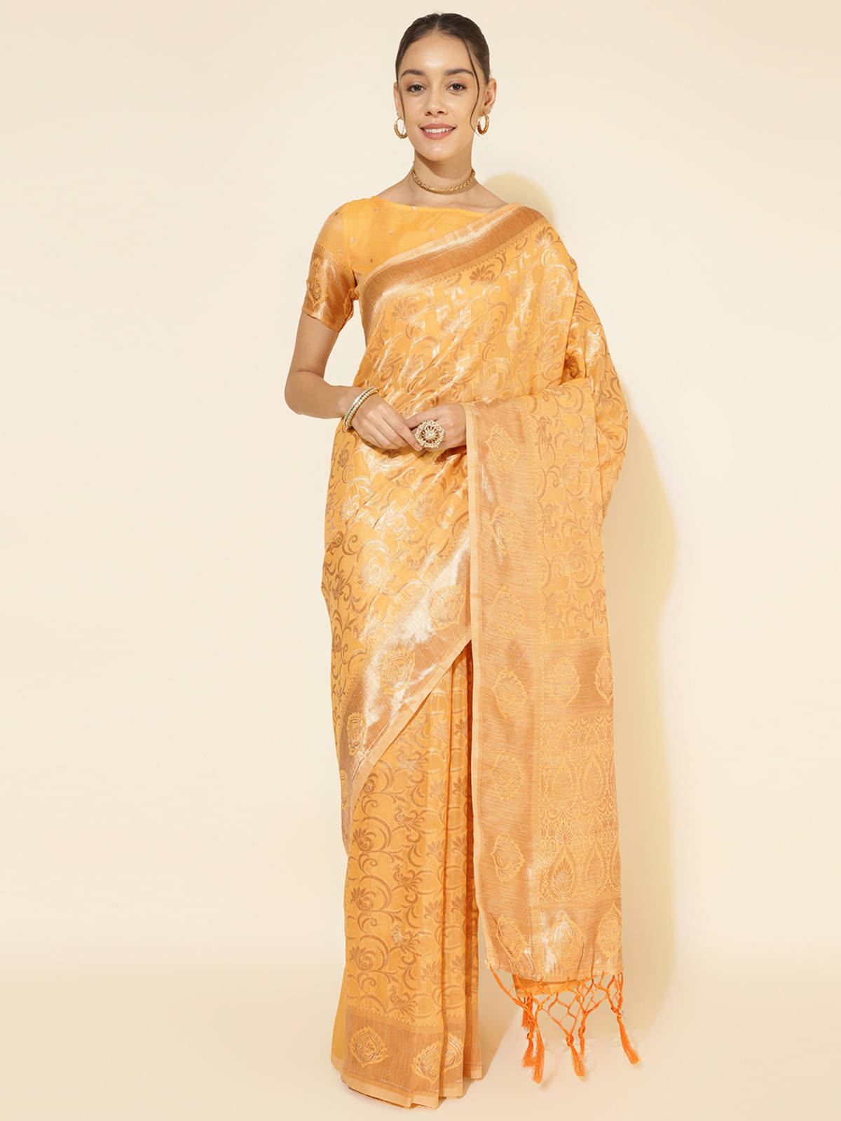 Janasya Chanderi Woven Saree With Unstitched Blouse Piece ( Yellow ) Janasya Chanderi Woven Saree With Unstitched Blouse Piece ( Yellow )