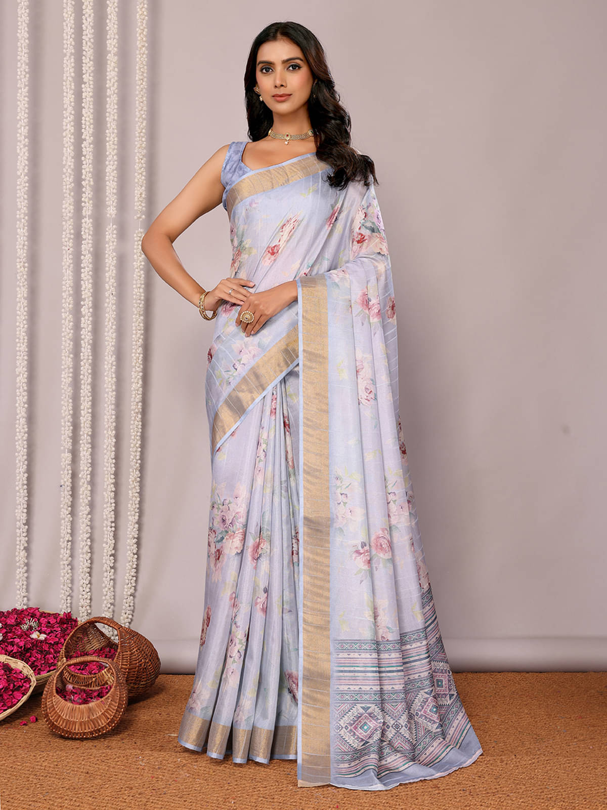     			Janasya Chanderi Printed Saree With Unstitched Blouse Piece ( LightBLue )