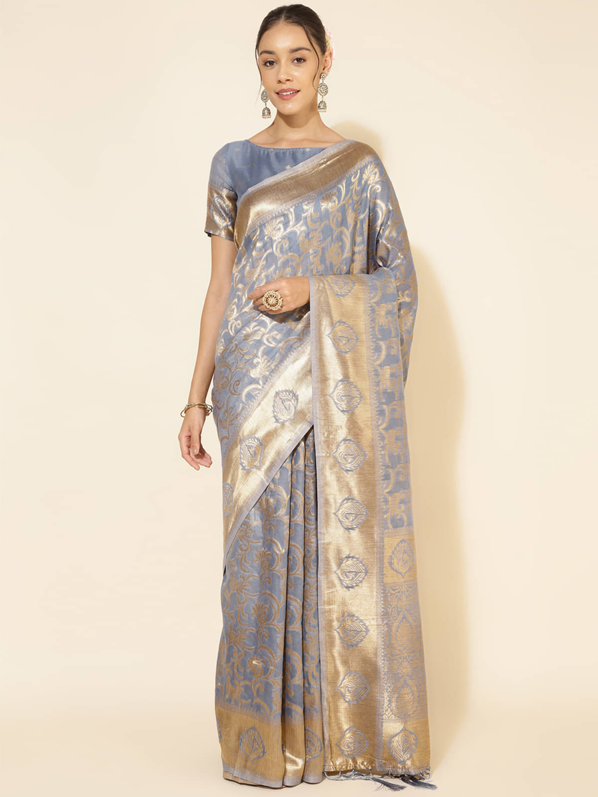 Janasya Chanderi Embellished Saree With Unstitched Blouse Piece ( Grey ) Janasya Chanderi Embellished Saree With Unstitched Blouse Piece ( Grey )