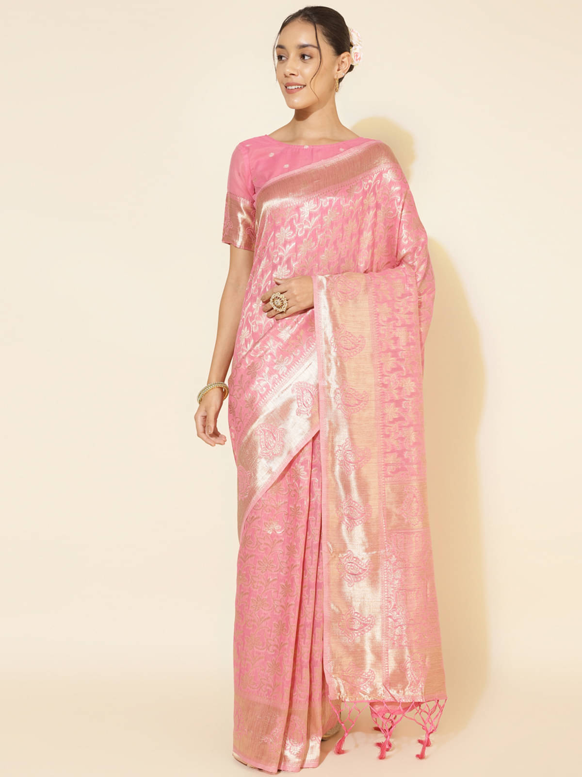 Janasya Chanderi Embellished Saree With Unstitched Blouse Piece ( Pink )     			Janasya Chanderi Embellished Saree With Unstitched Blouse Piece ( Pink )