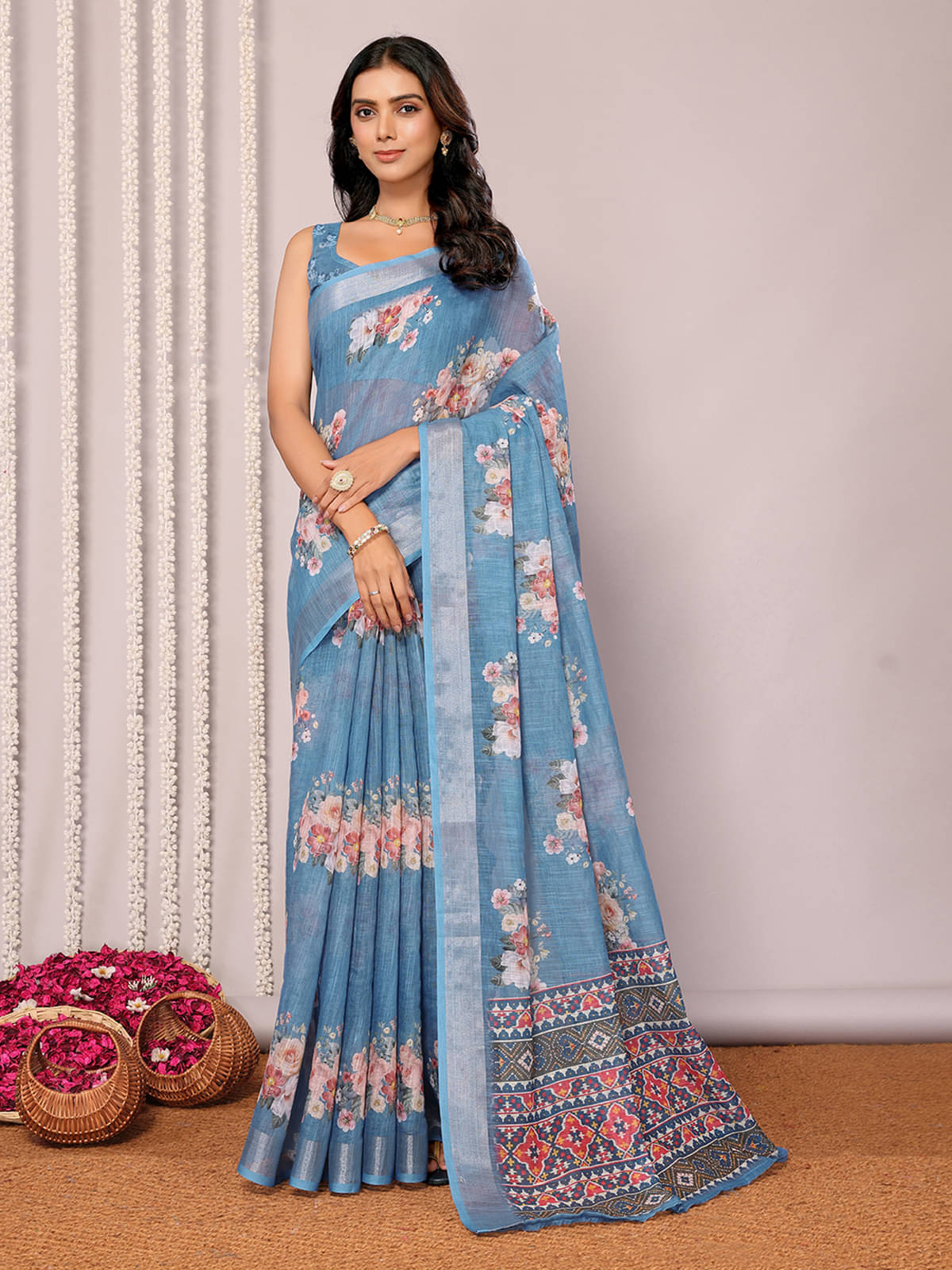     			Janasya Cotton Blend Printed Saree With Unstitched Blouse Piece ( Blue )