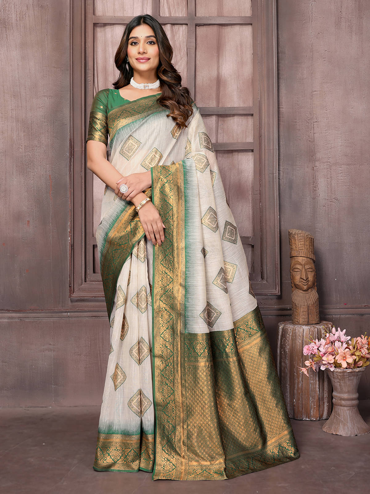     			Janasya Cotton Blend Woven Saree With Unstitched Blouse Piece ( Beige )