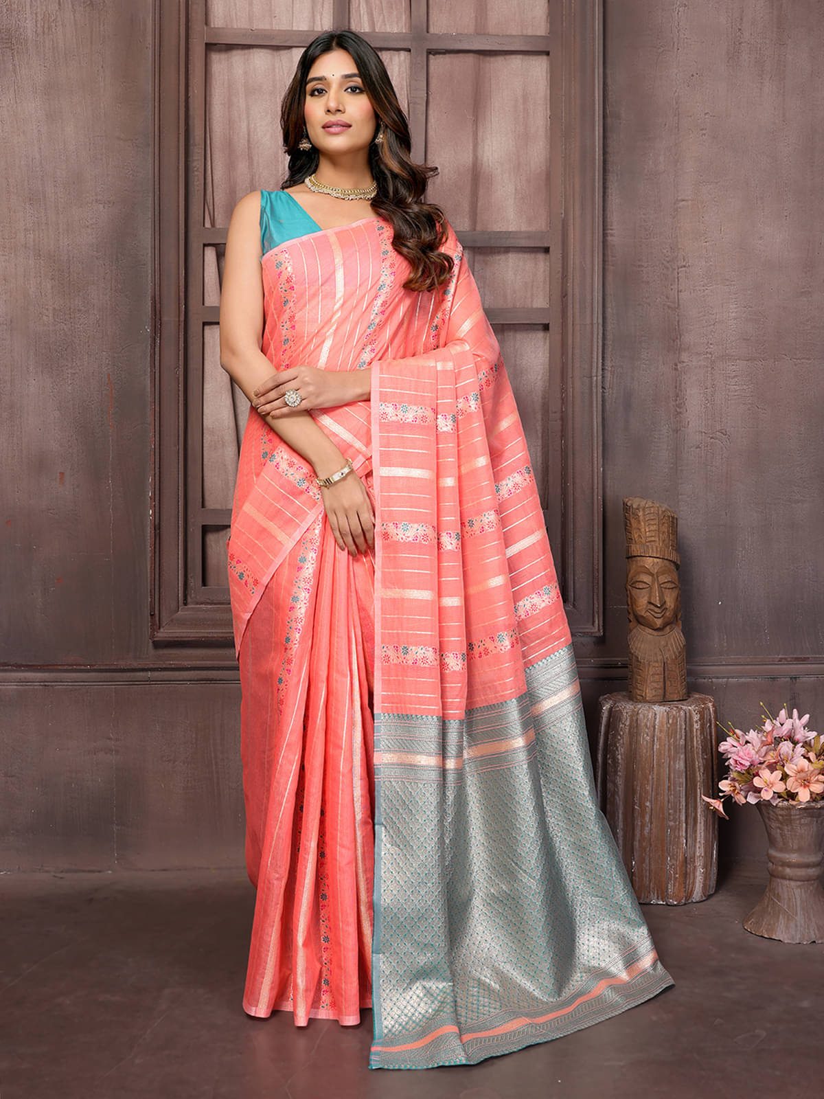     			Janasya Cotton Woven Saree With Unstitched Blouse Piece ( Peach )