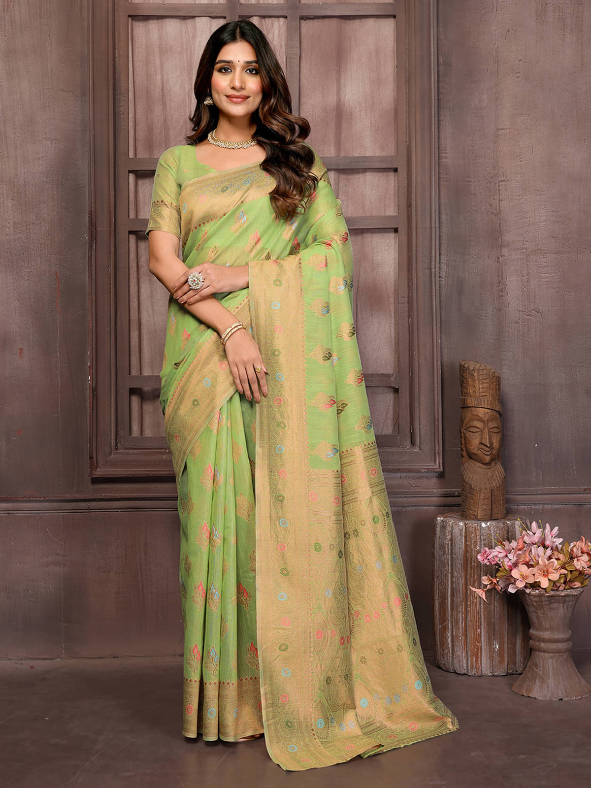 Janasya Cotton Blend Embellished Saree With Unstitched Blouse Piece ( Green ) Janasya Cotton Blend Embellished Saree With Unstitched Blouse Piece ( Green )