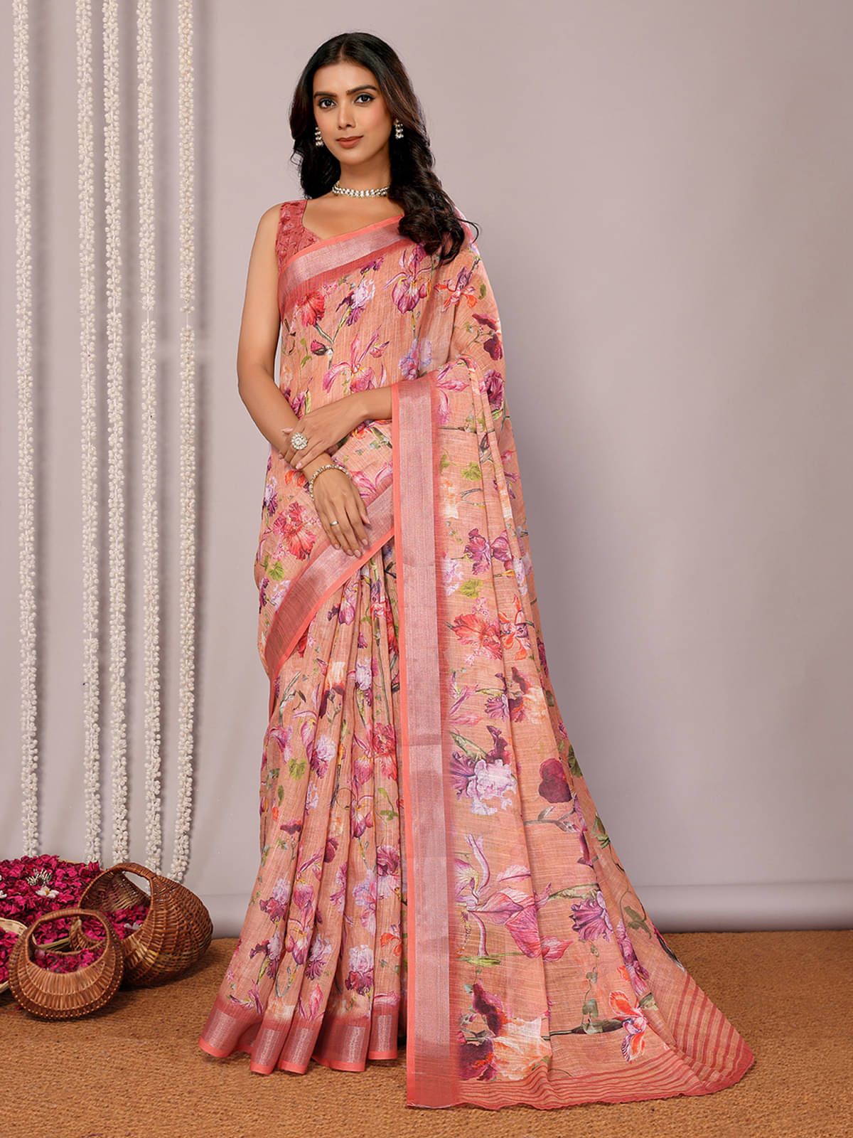     			Janasya Cotton Blend Printed Saree With Unstitched Blouse Piece ( Peach )