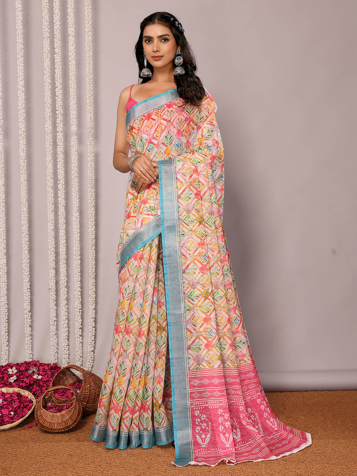 Janasya Cotton Blend Printed Saree With Unstitched Blouse Piece ( Multicolor ) Janasya Cotton Blend Printed Saree With Unstitched Blouse Piece ( Multicolor )