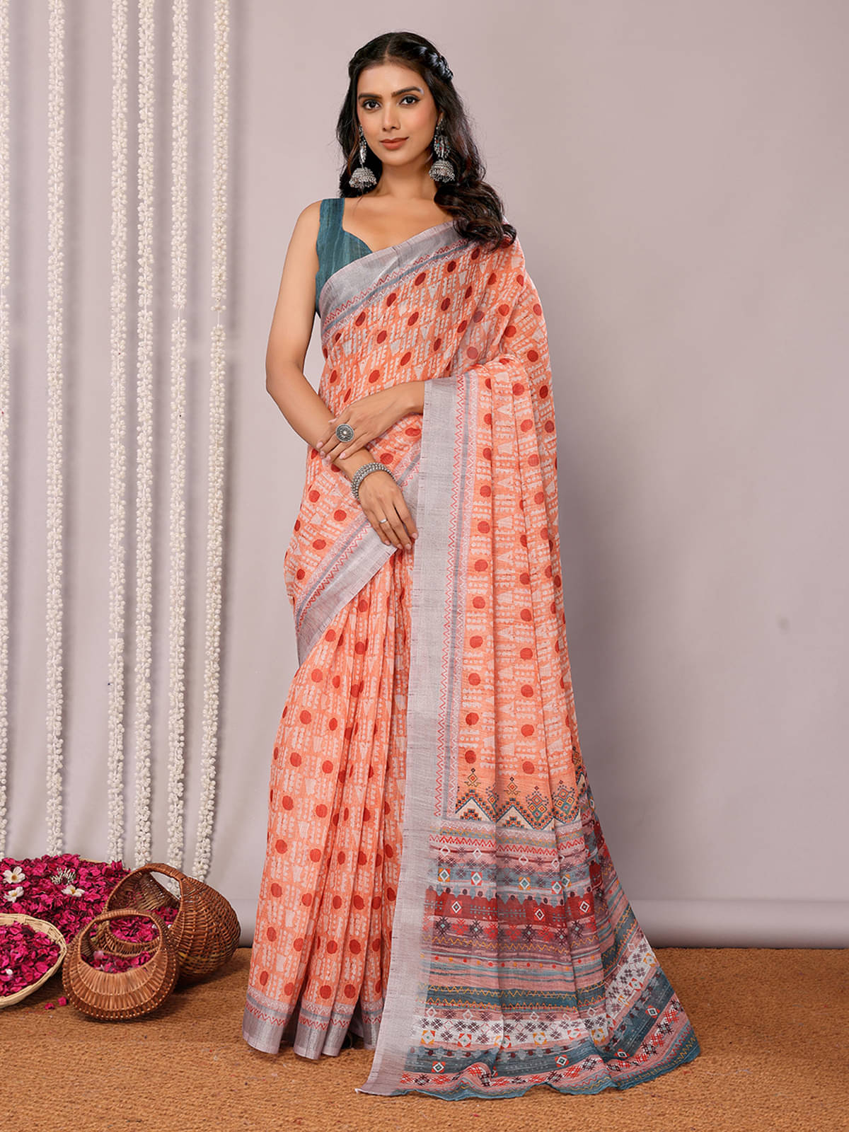     			Janasya Cotton Blend Printed Saree With Unstitched Blouse Piece ( Orange )