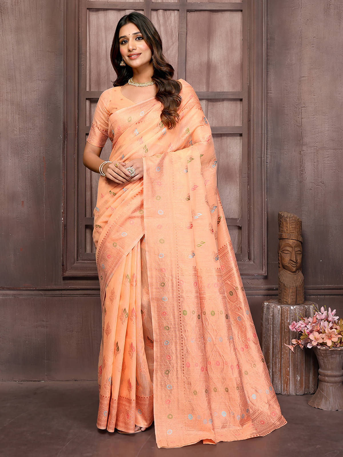     			Janasya Cotton Blend Woven Saree With Unstitched Blouse Piece ( Peach )