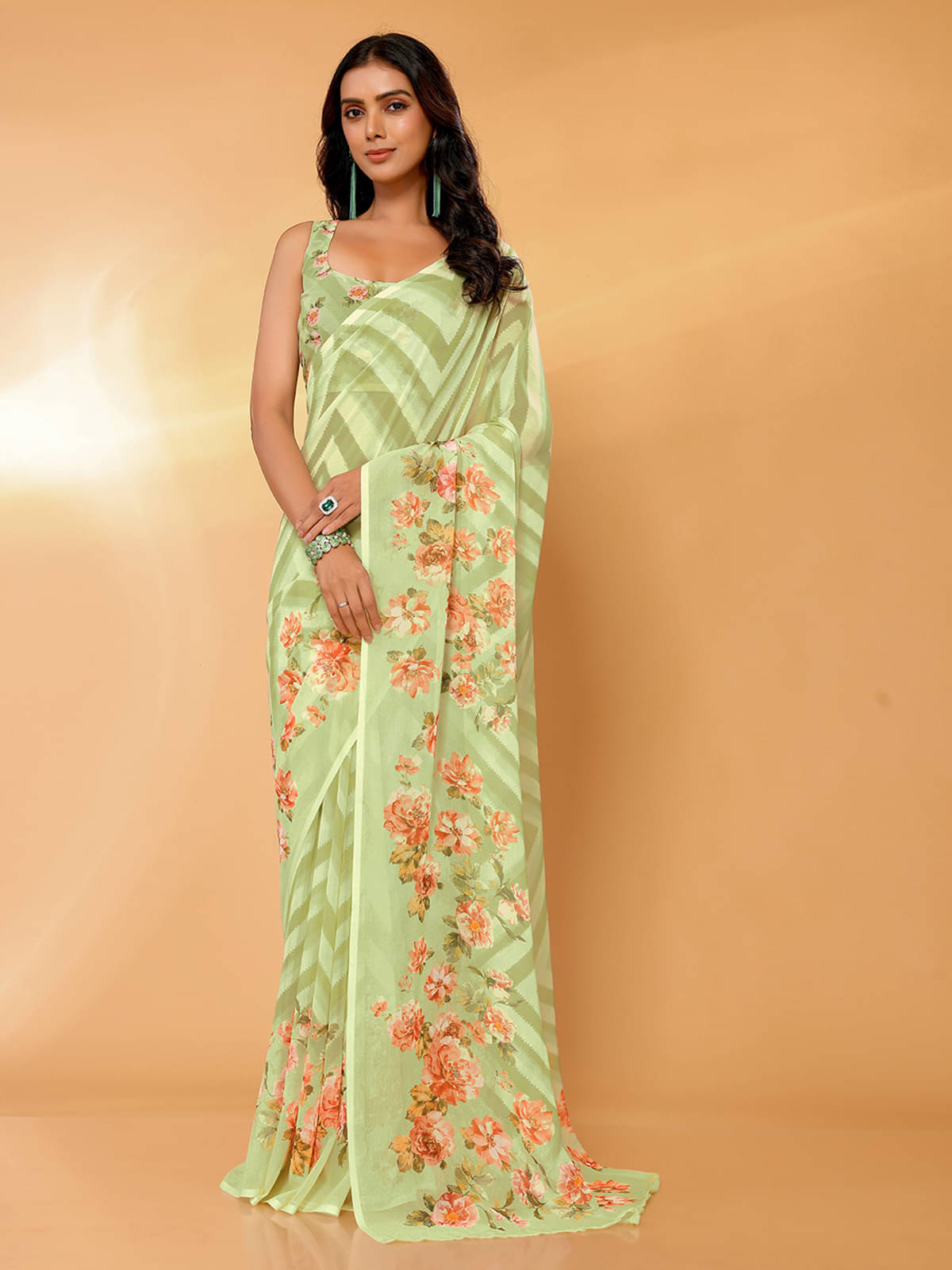     			Janasya Georgette Printed Saree With Unstitched Blouse Piece ( Light Green )