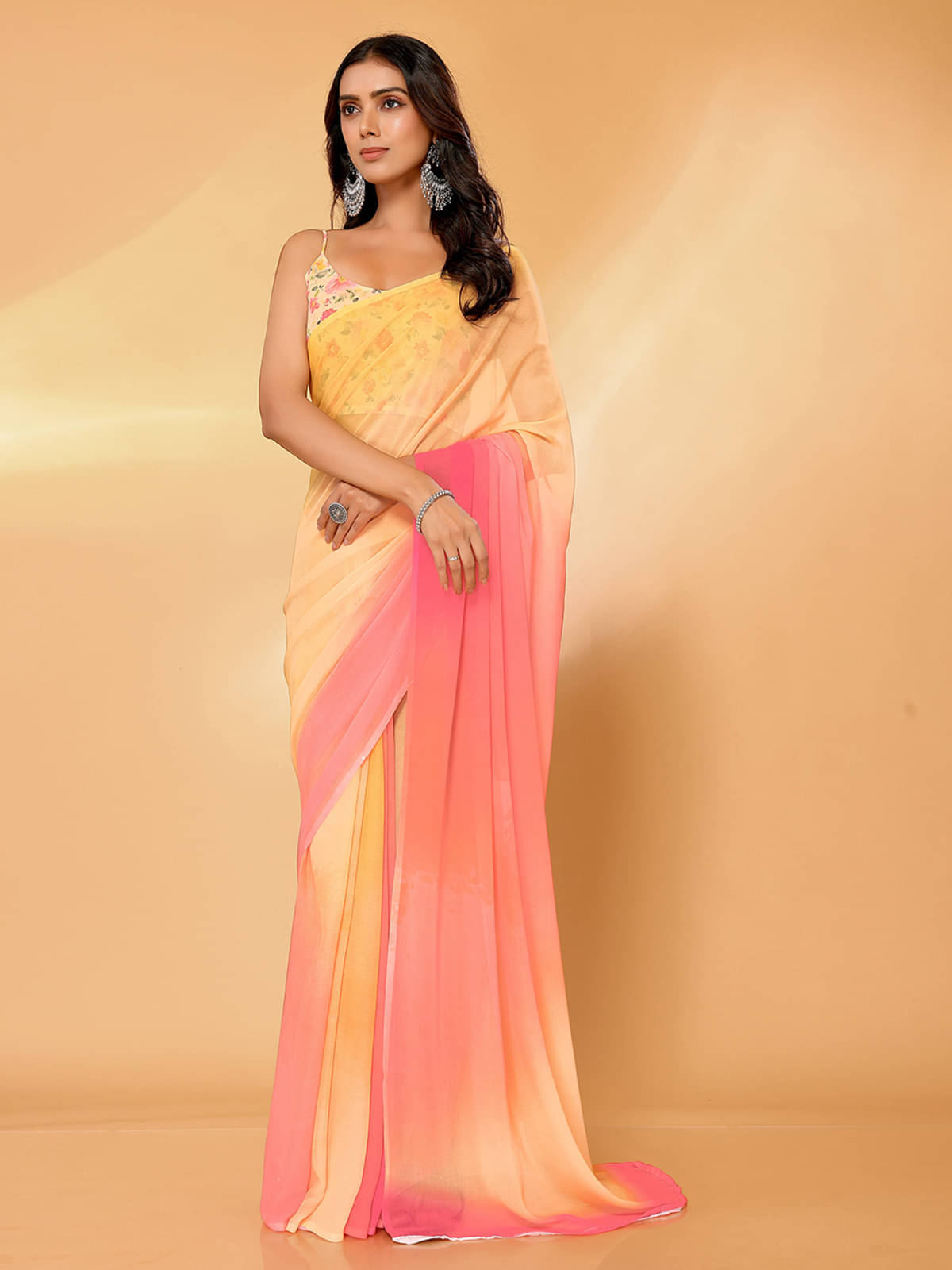     			Janasya Georgette Printed Saree With Unstitched Blouse Piece ( Multicolor1 )